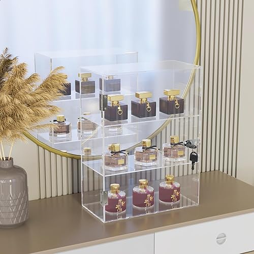 Miniatura 5 de Choowin Vitrina de acrílico transparente de 4 estantes con cerradura vitrina de bloqueo con estantes extraíbles vitrina de encimera con cerradura