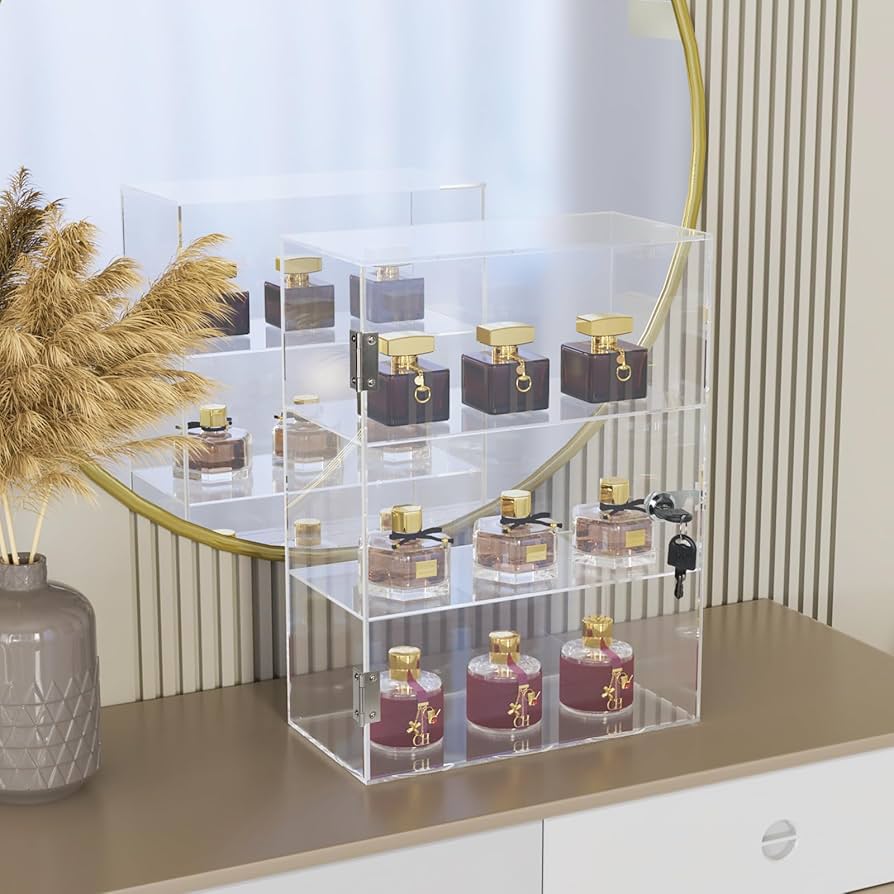 Slanted Front Locking Acrylic Display Case Cabinet With 3 Shelves - Acrylic Display Box, Acrylic Display Cabinet