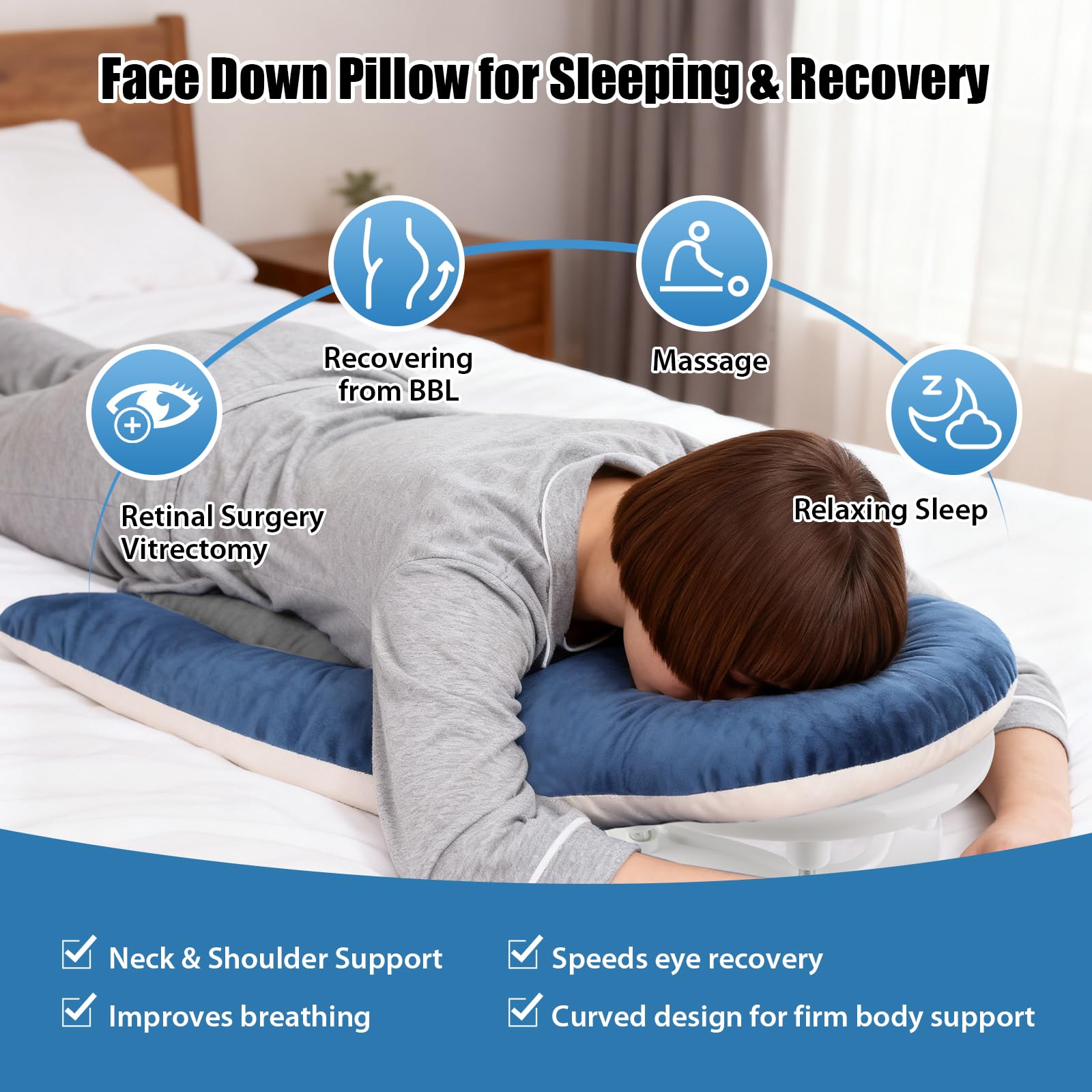 JAOGAUS Almohada Facial para Dormir Boca Abajo, Cojín Ergonómico con Memory Foam, Reposacabezas Ajustable, para Casa, Dormir Boca Abajo y Recuperación Postoperatoria de Cirugía de Ojos