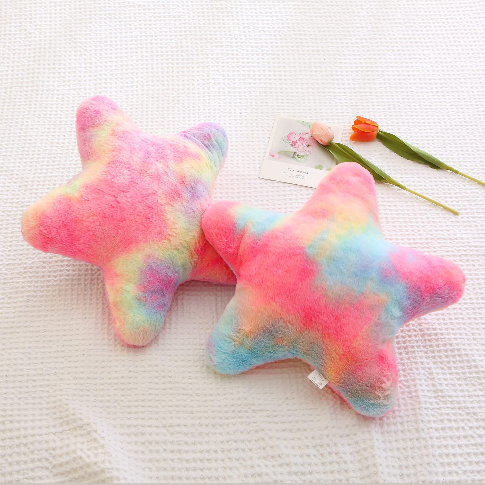 2 Pack Fluffy Rainbow Star Pillows Plush Toys for Girls 18x18 inches Kids Dreaming Colorful Throw Pillows Gift for Her Patio Bed Pillows (Rainbow)