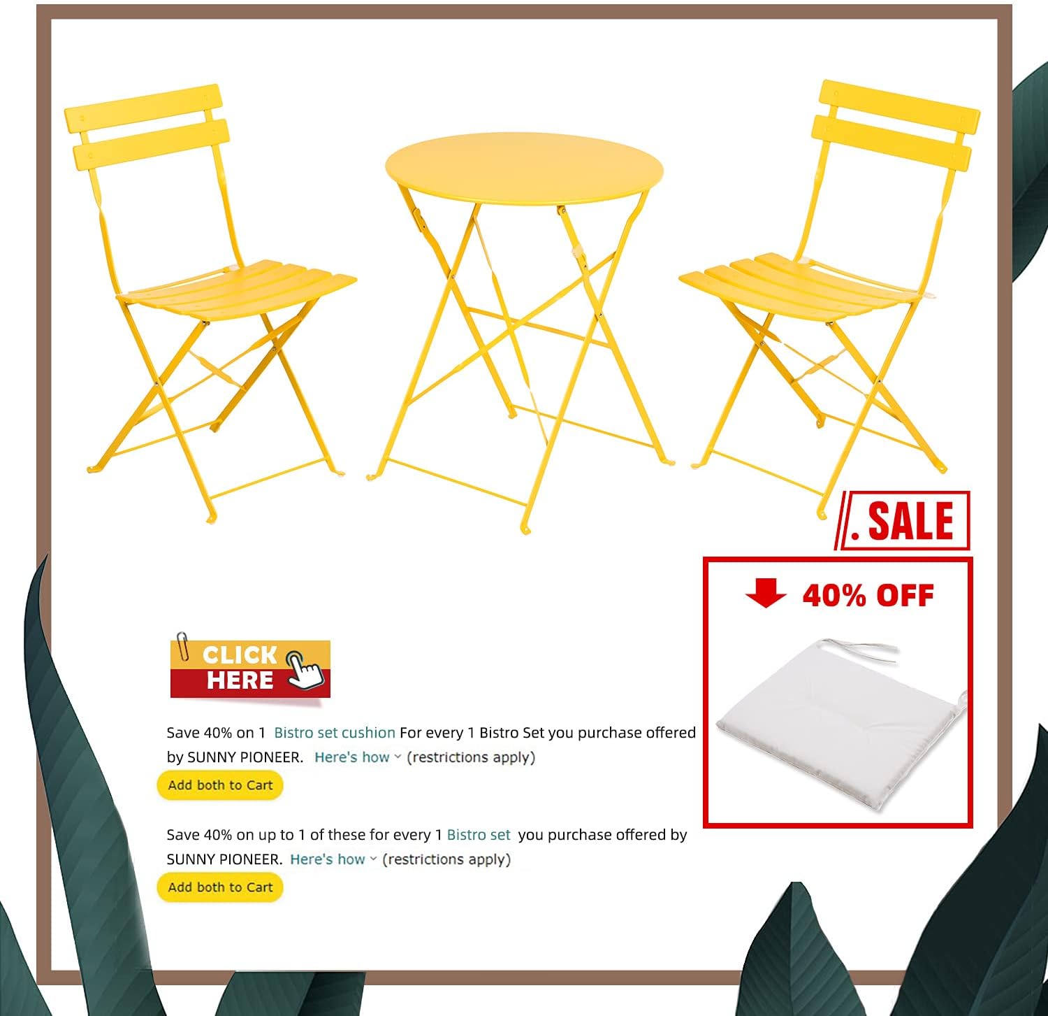 Grand patio 3 Piece Bistro Set, Weather-Resistant Folding Table and Chairs, Indoor/Outdoor Furniture Set (Yellow) : Patio, Lawn & Garden