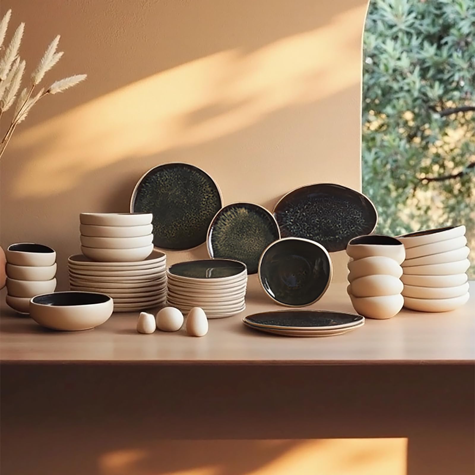 Karaca Earth Collection Galactic 55-Piece Stoneware Crockery Set for 12 People, Multicoloured Plate Set, Dishwasher Crockery Set, Dinner Service with Reactive Glaze, White