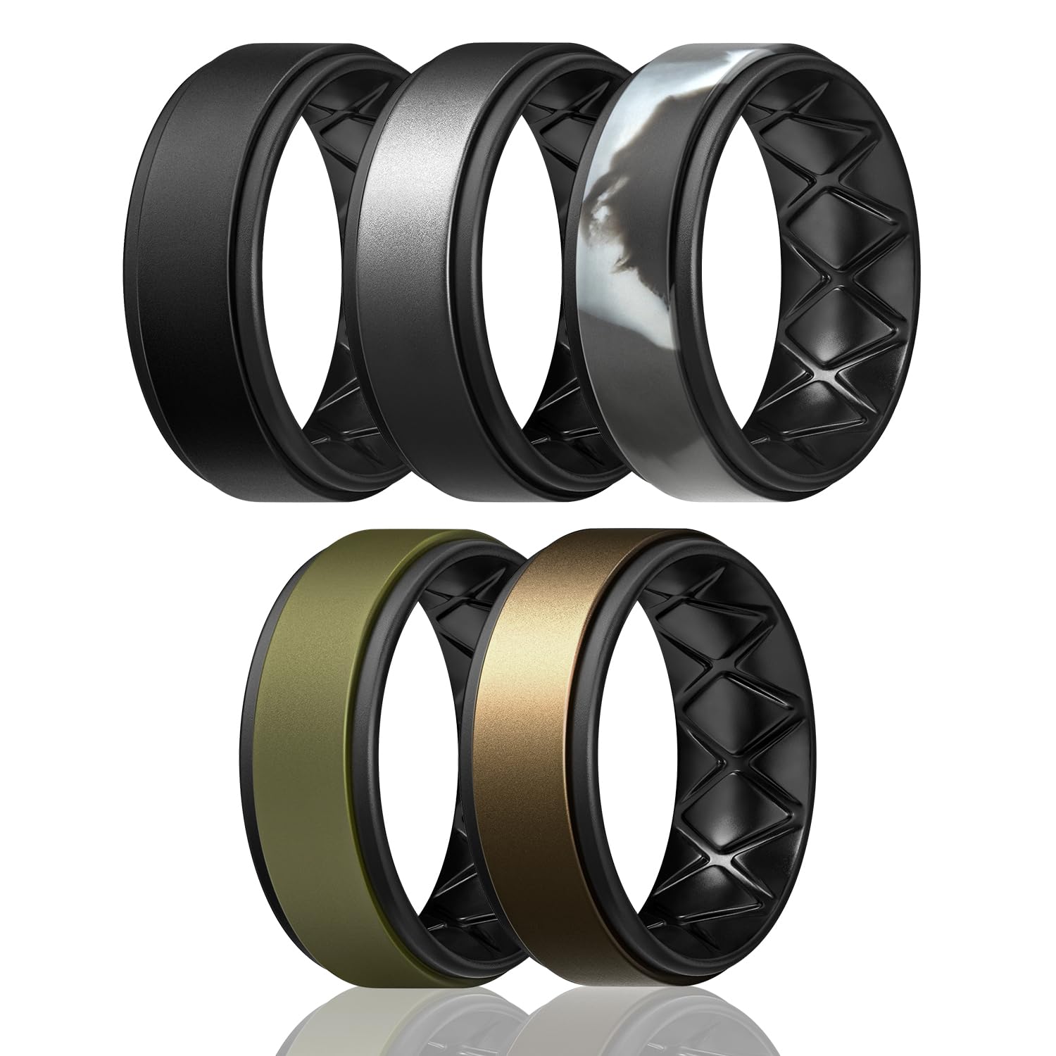 Egnaro Men's Wedding Rings 8mm Wide 2mm Thick Rubber Bands, Breathable and Flexible Step Edge Ring, Variety Multipack 1-7 For Gym Workout Travel Daily Wear
