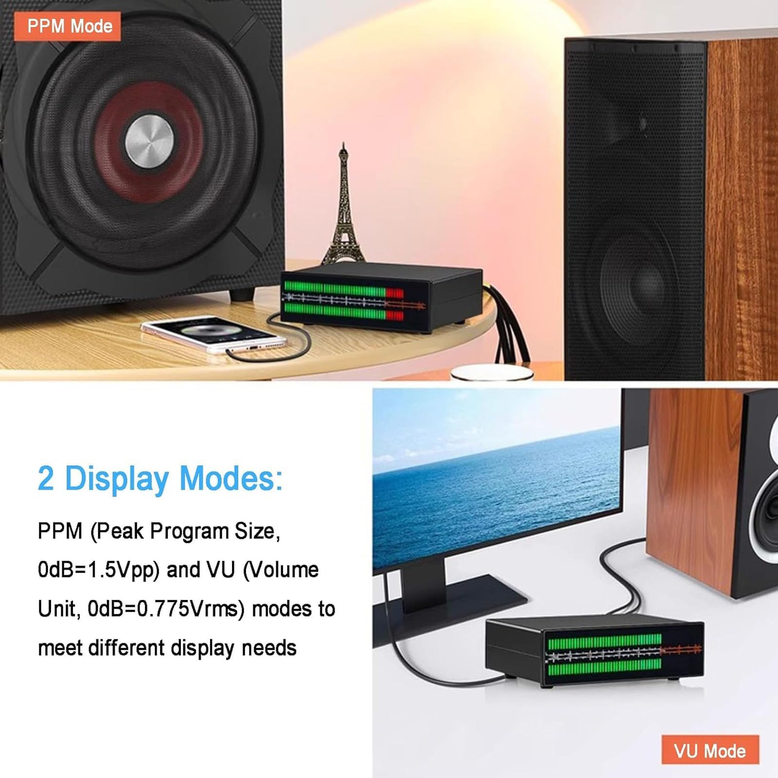 Analizador de espectro musical LED con control remoto, medidor de nivel de sonido dinámico, 8 efectos de visualización, RCA y conectividad AUX de 3,5 mm para entusiastas de la oficina en casa y