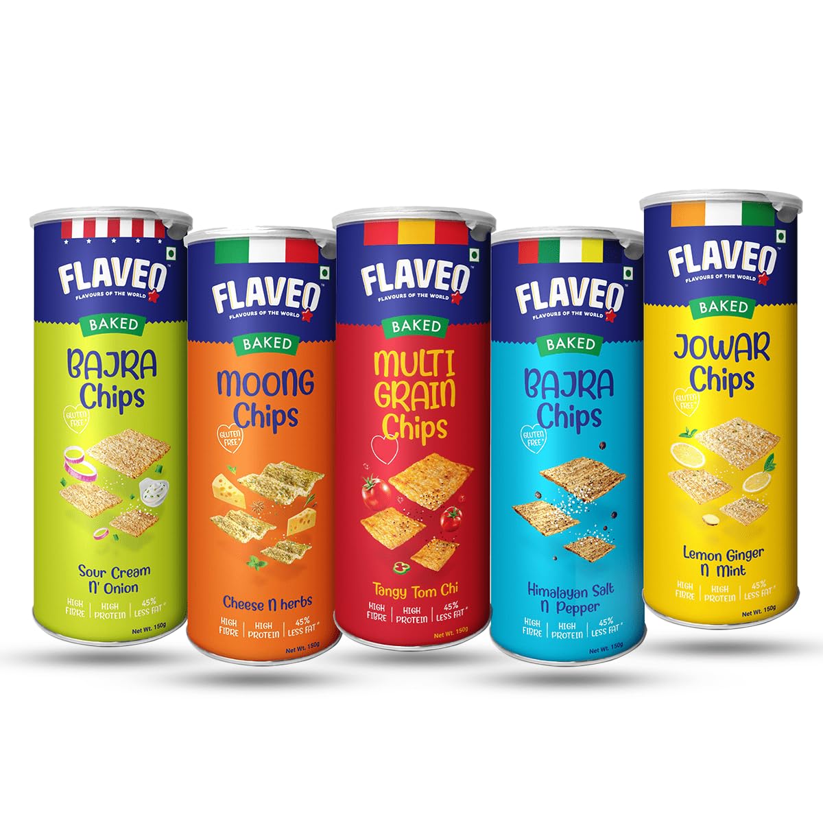 FLAVEO Chips Pack of 5 Healthy Snacks | Multi Grain Chips | Less Fat, Rich Protein | Yummy Flavors Indian Masala & Spice | Crunchy Snack for Adults & Kids (120 gm x 5)