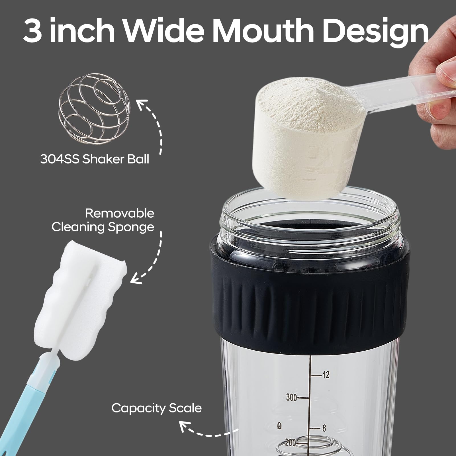 16oz Glass Shaker Bottle for Protein, Small Borosilicate Glass Protein Powder Leak-Proof Shaker Cup Mixes with 304 Blending Ball(16oz,Black) - 5