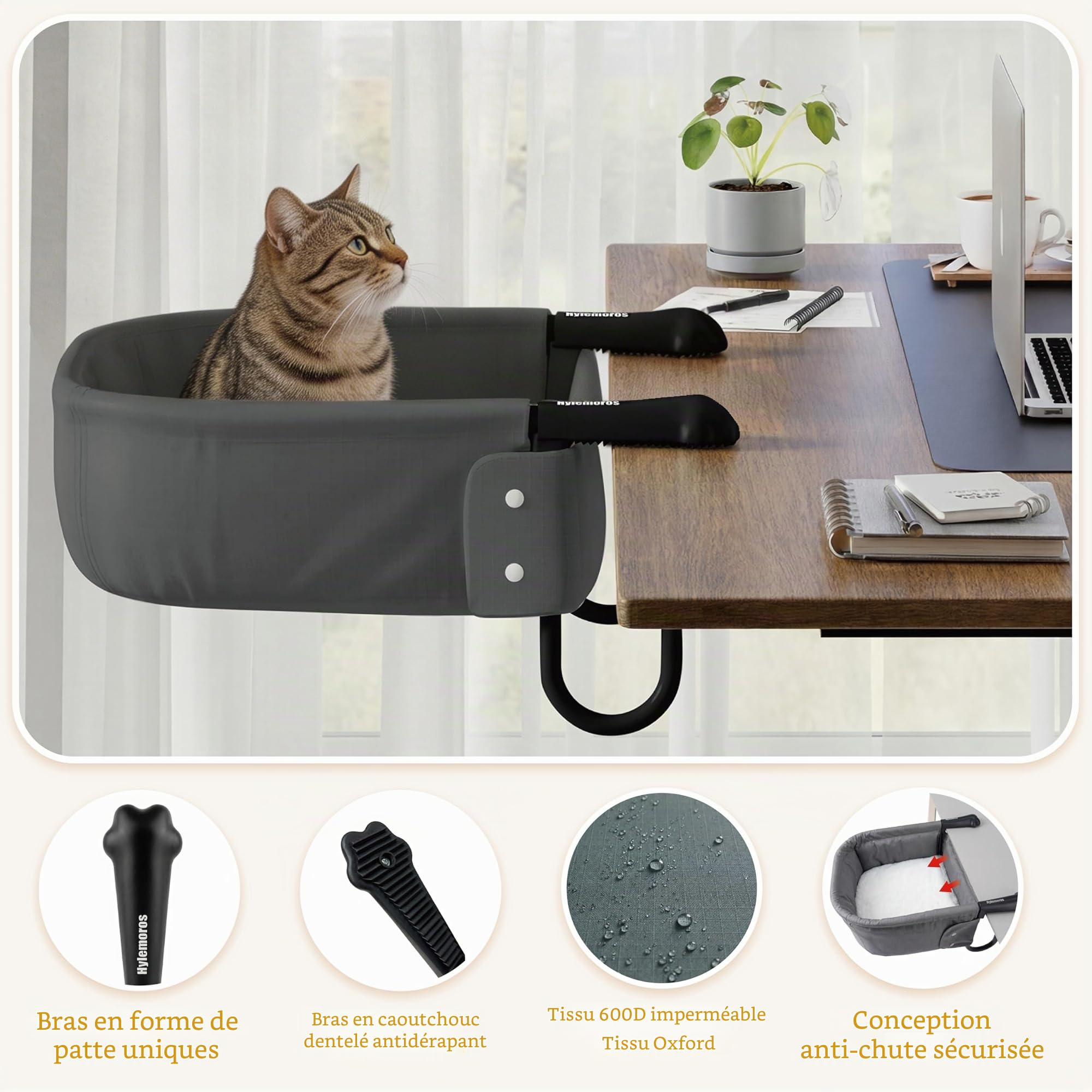 Panier Chat Bureau de Grande Taille, Ultra-robuset Hamac Chat | Pour bureau jusqu'à 7,6 cm, ultra-résistant, motif pattes, imperméable, tapis double face, montage facile (jeu/cuisine)