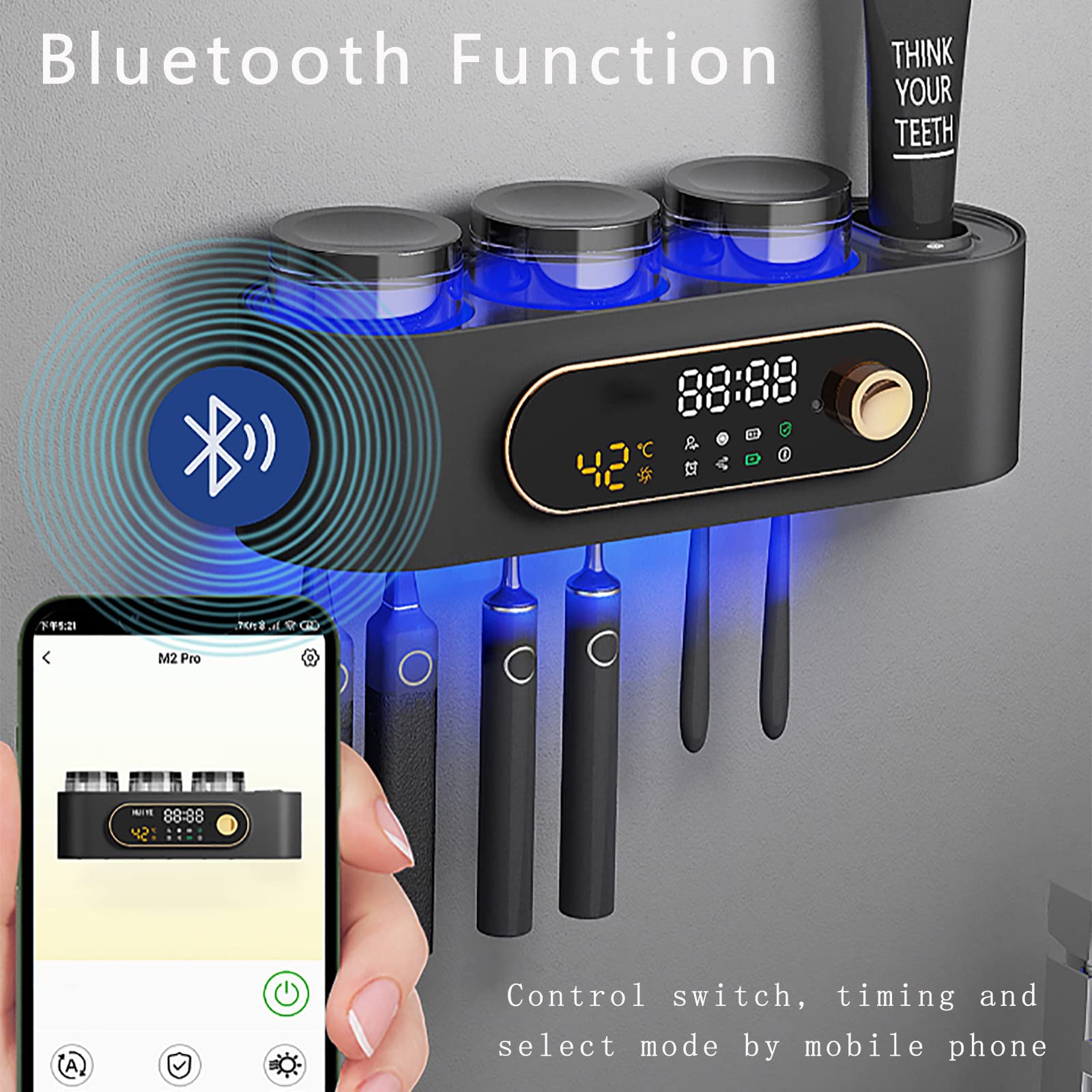 Porta Spazzolino Elettrico, Porta Spazzolino Parete, Bluetooth Porta Spazzolini Bagno con LED, Sterilizzatore per Funzione di Asciugatura Multifunzione Ricaricabile USB Nero