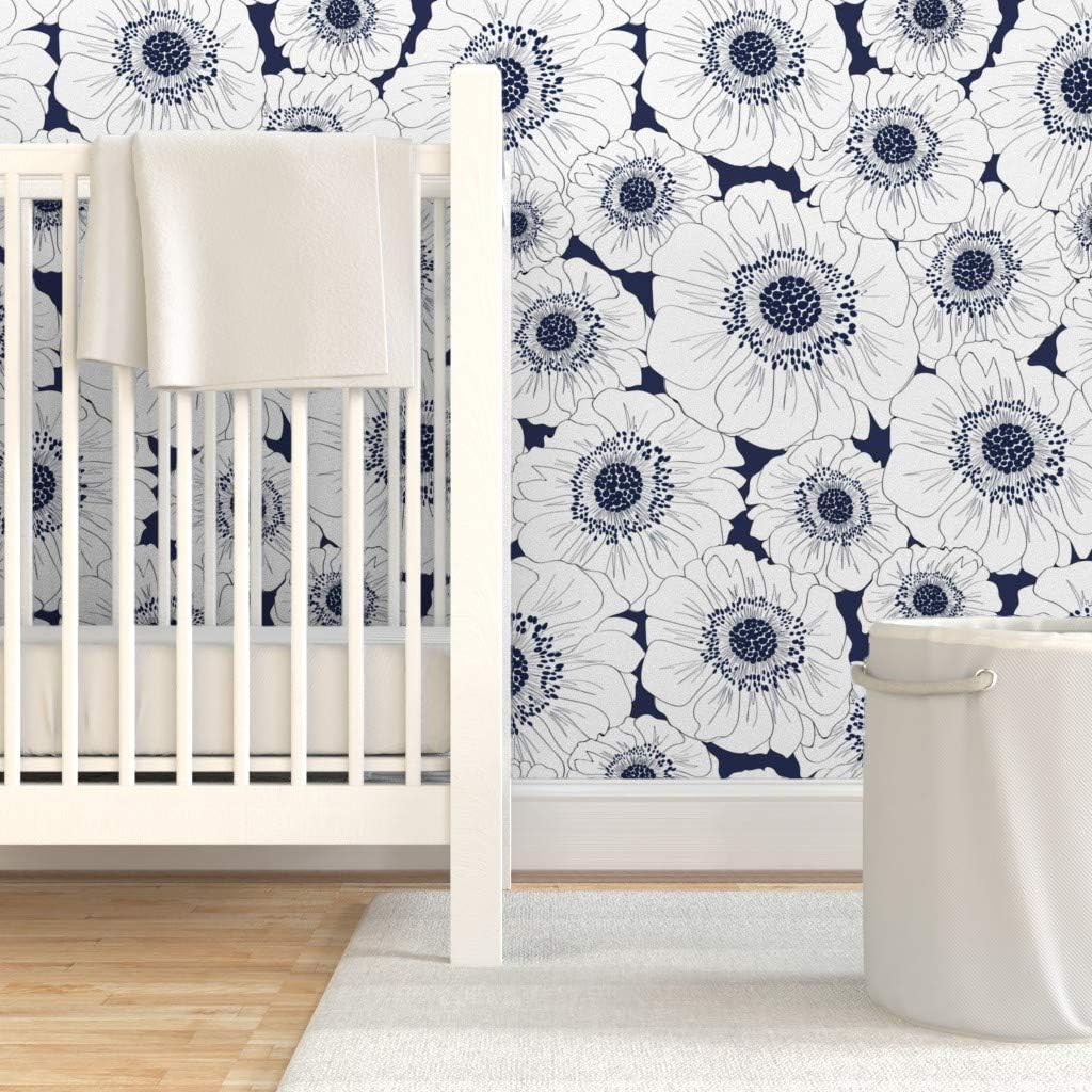 Removable Wallpaper Swatch - Floral Wallpaper White Navy Blue Flower Botanical Custom Pre-Pasted Wallpaper by Spoonflower