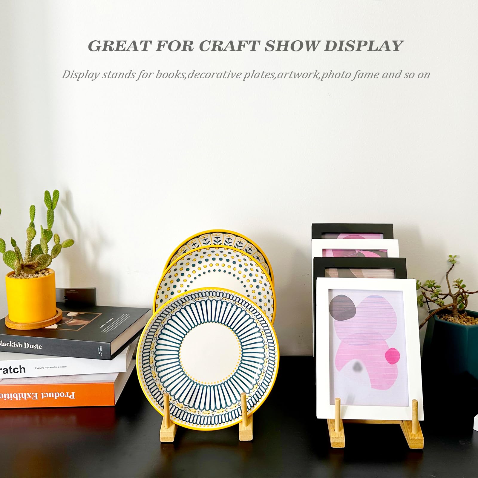 Paquete de 5 soportes para platos para exhibición, organizador de gabinete de madera para múltiples platos, estante de exhibición de 5 niveles para mostrador de proveedores de exhibición de