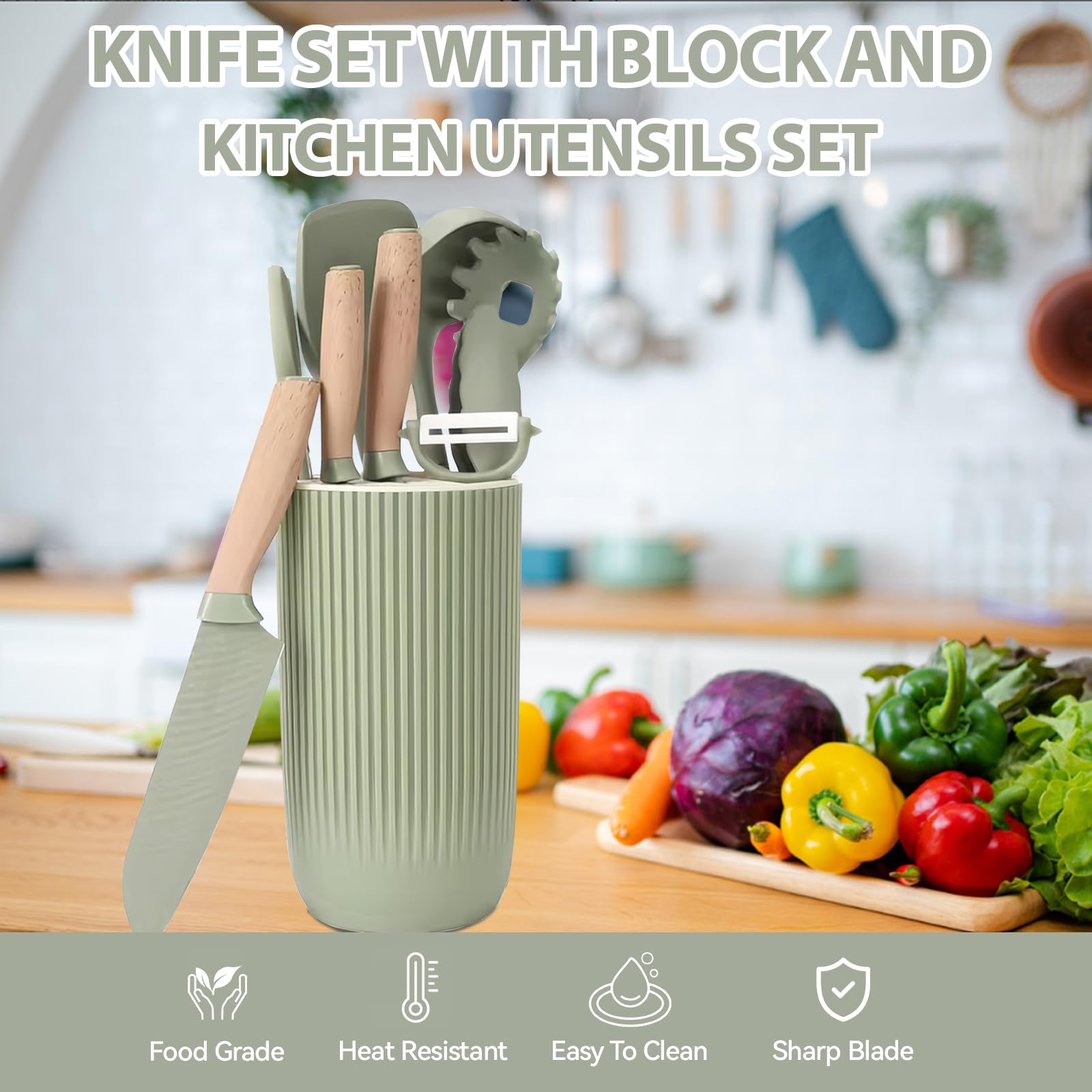 Küchenutensilien-Set, 10-teilig, antihaftbeschichtet, Edelstahlmesser und Silikon-Kochutensilien, Spatel-Set mit Halter, ergonomischer Holzgriff, Heimküchengeschirr, Zubehör, Kochgeschirr-Set