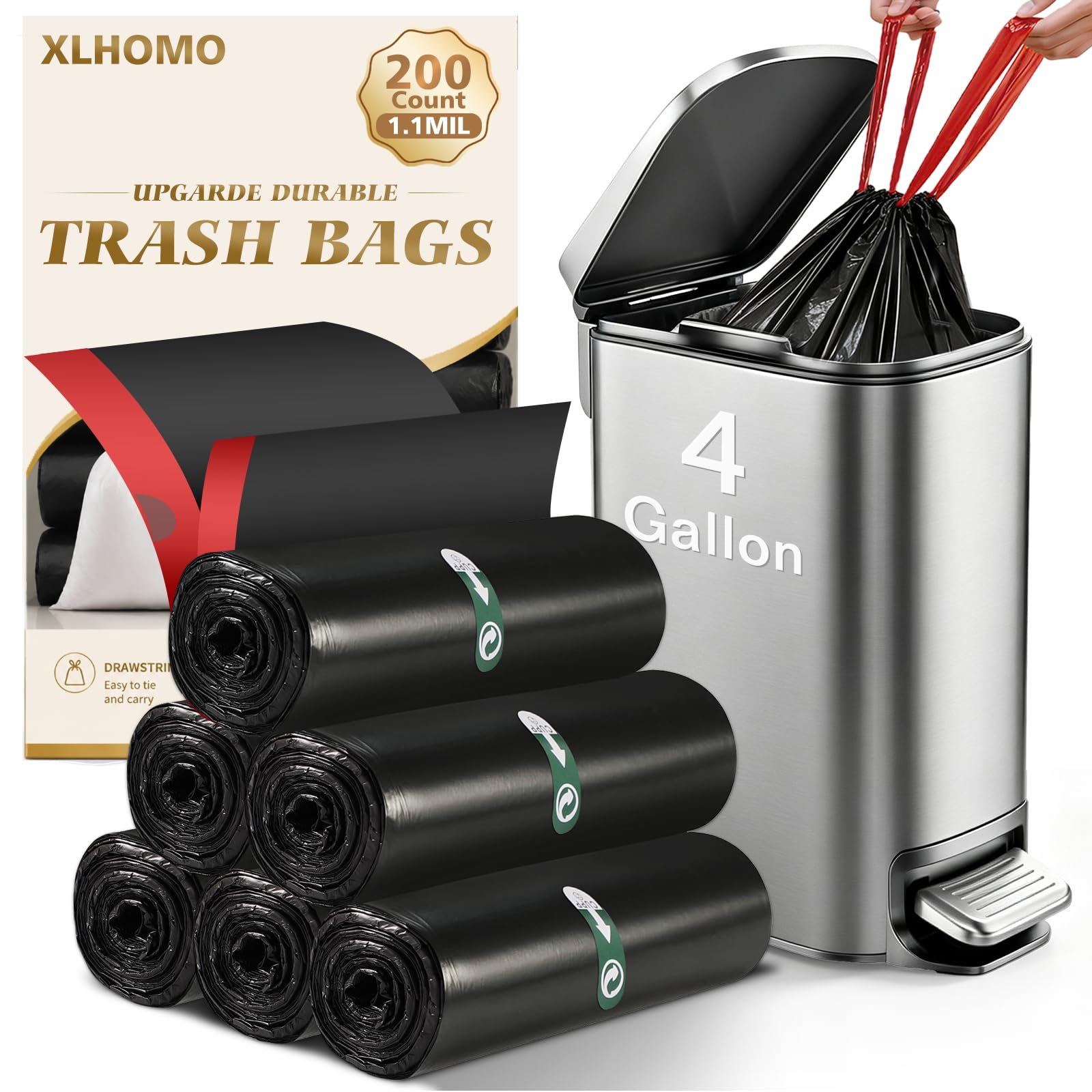 200 Counts 4 Gallon Trash Bag Drawstring Small Trash Bags, Thick Pre-separated Garbage Bags, Trash Bin Liners, Suitable for bathroom, kitchen, bedroom, office (Black)