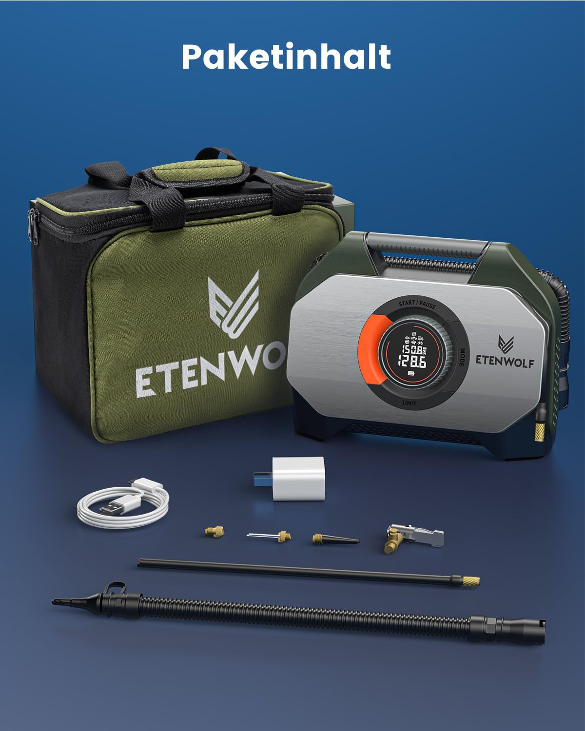 ETENWOLF VORTEX S7 38400mAh Reifenfüllgerät für schwere Fahrzeuge,11,03 bar | tragbare Luftpumpe für Autoreifen, kabellose Luftpumpe mit 100% Einschaltdauer & Doppelzylinder (Olivgrün)