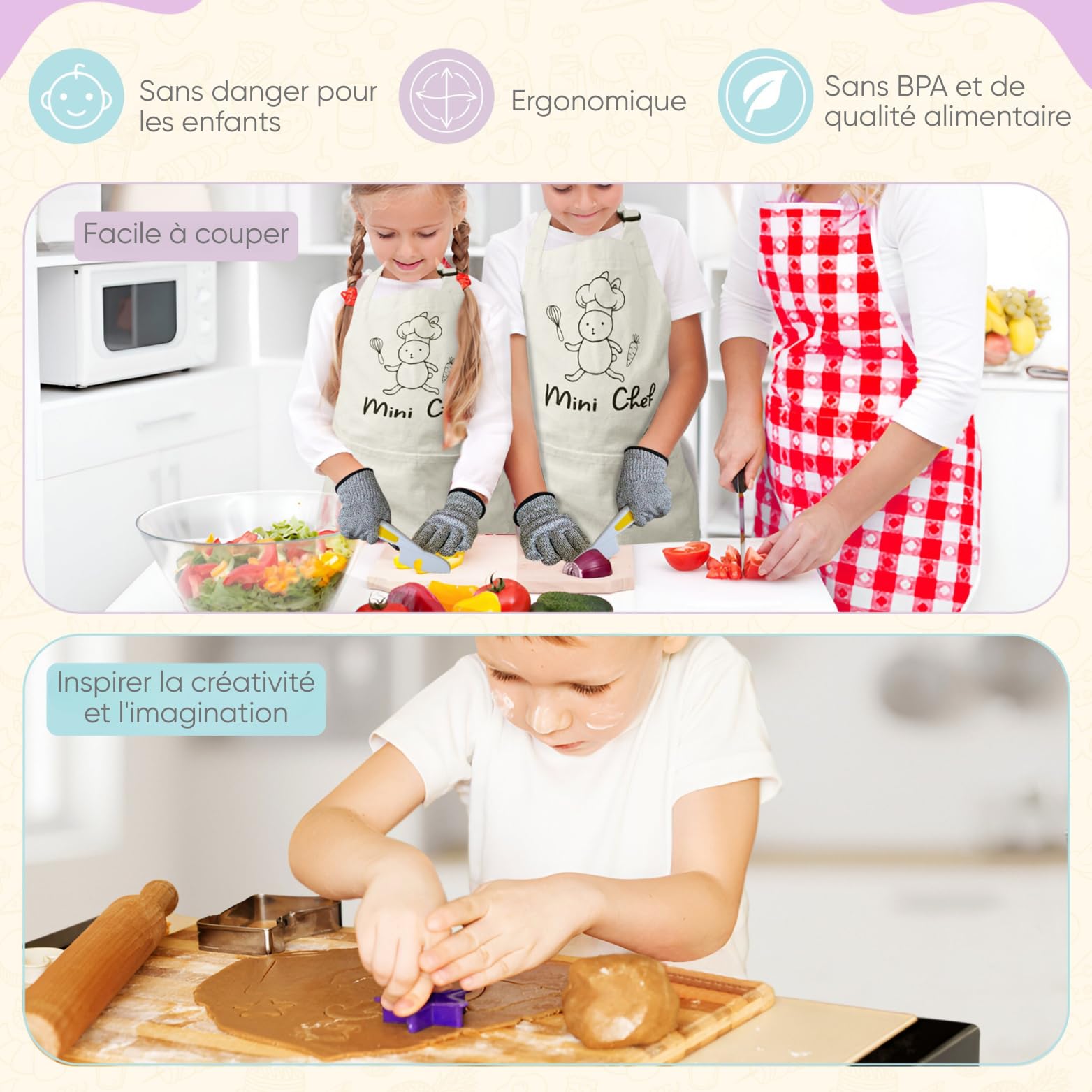 Kit Couteau sécurité de Cuisine pour Enfants - 32 Pièces, Dès 3 Ans avec Tablier et Toque - Couteau Montessori pour couper des fruits ou légumes et qui ne coupe pas les doigts
