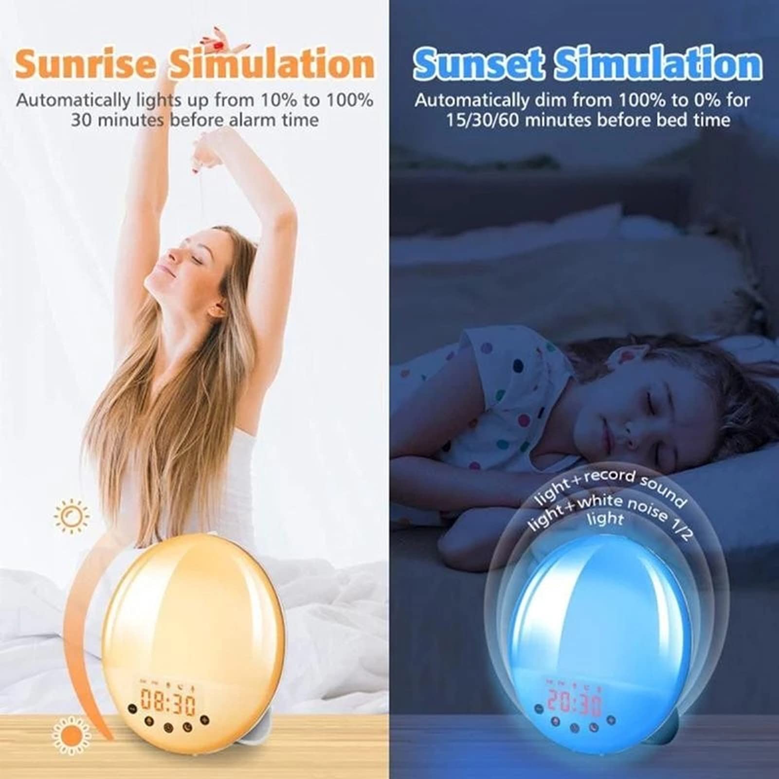 WiFi Smart Wake Up Light, Simulazione Alba/Tramonto Sveglia LED Digitale, con 8 Suoni Naturali e Funzione Snooze, App Tuya, Funziona con Alexa