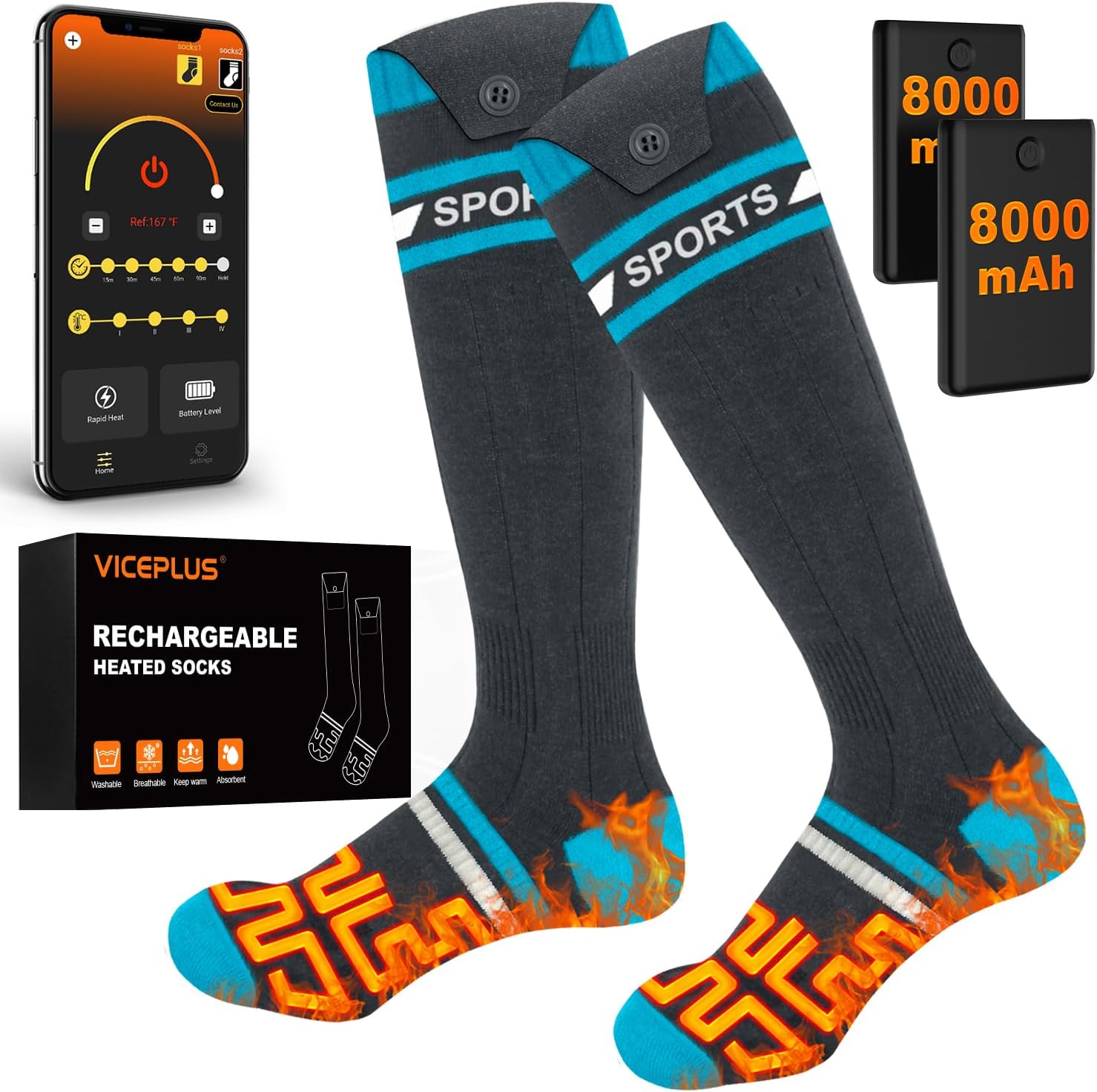 8000mAh*2 Heated Socks for Men Women with App Control,Large-Capacity Rechargeable Battery,360Heating Warming,Electric Winter Socks,Foot Sole Heating,Foot Warmer for Skiing,Hiking,Hunting,Outdoor