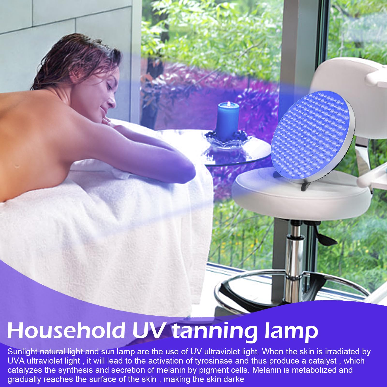 Solarium para el hogar, lámpara de bronceado redonda portátil con 250 LED y soporte, 50 W, bronceador facial para cuerpo y cara (plata, con gancho)