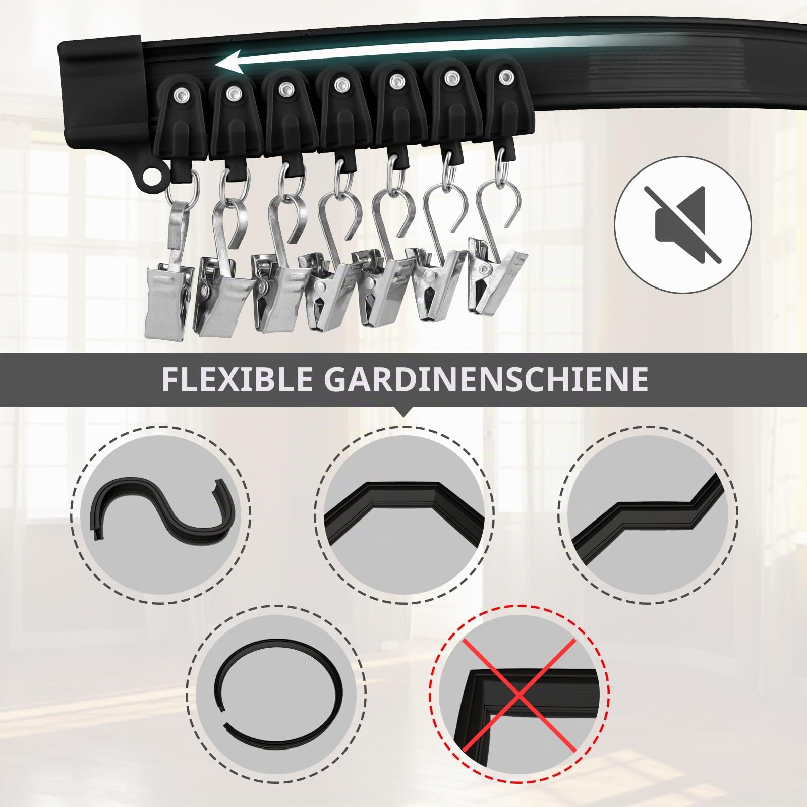 EFUTURETIME Flexible Vorhangschiene 10m Gardinenschiene 1-Läufig Schwarz | Wandmontage und Deckenmontage, aus ABS, für Gardinenaufhängung, Raumteiler, Wohnmobil, Balkone, Büros und Hotels