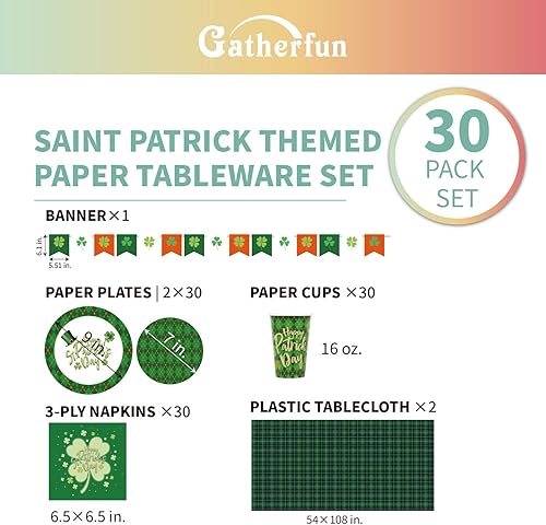 Miniatura 4 de Gatherfun Suministros para fiesta del día de San Patricio, platos de papel desechables, servilletas, vasos, mantel y pancarta para decoraciones de