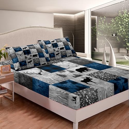 Miniatura 53 de Erosebridal Sábanas rústicas de oso para decoración de cabaña, camping, sábana bajera ajustable de ciervos de caza para cabaña, juego de ropa