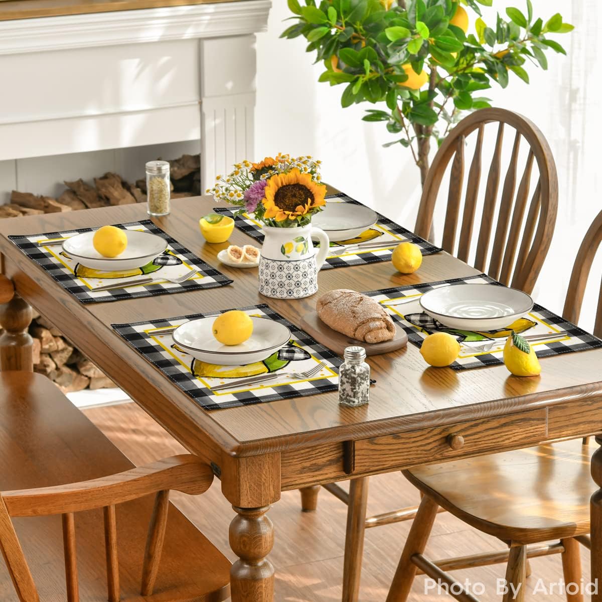 Artoid Mode Buffalo Plaid Lemon Placemats for Dining Table, 12 x 18 Inch Summer Seasonal Decoration Rustic Washable Table Mats Set of 4