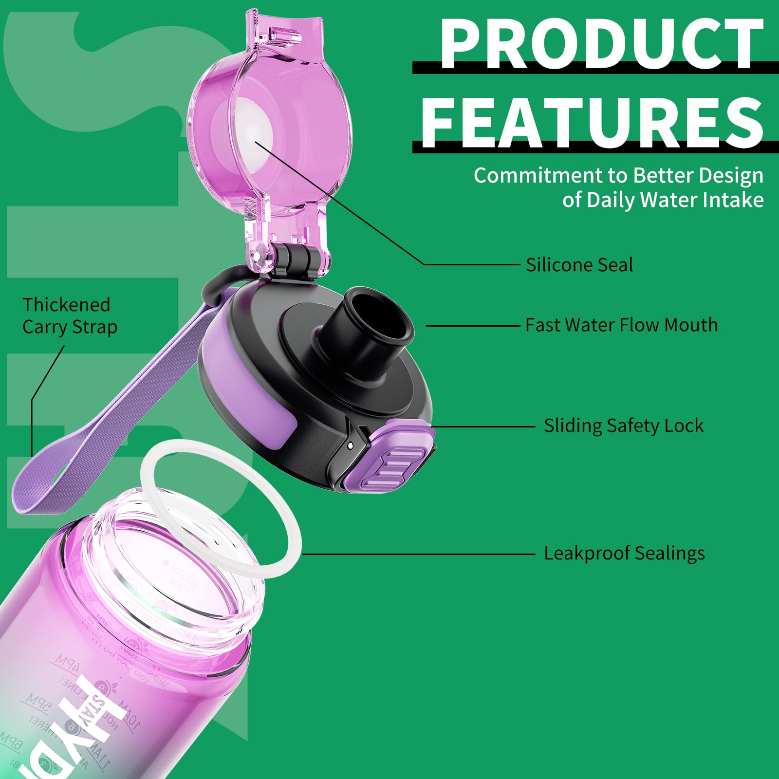 Mevoly Botella Agua Niños 500ML, Botella Agua Gimnasio sin BPA con Marcador de Tiempo, Plastico Botella de Agua Deportiva Motivacional, Cantimplora para Colegio, Bicicleta