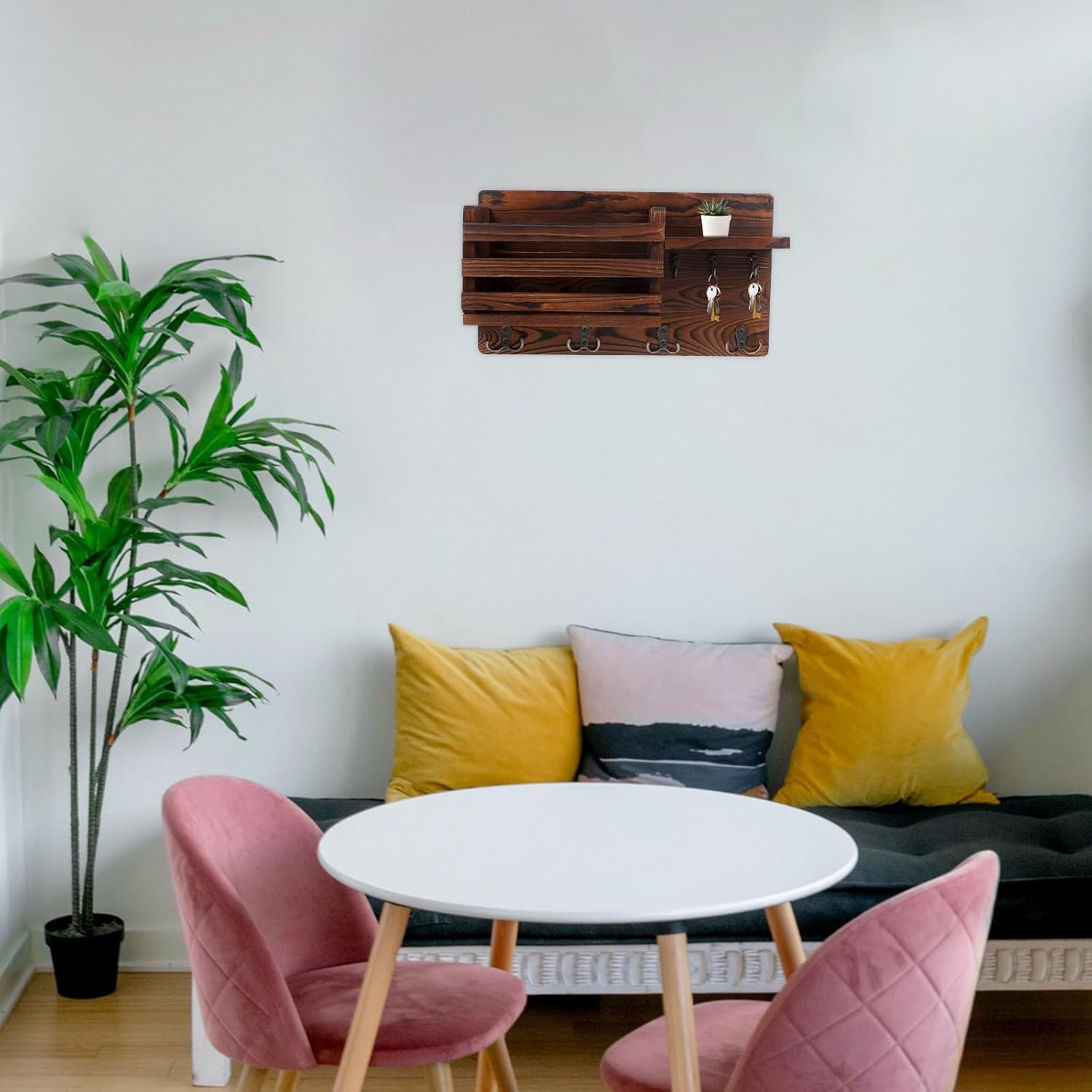 Yardwe Wooden Wall Key Holder Rack with Hooks, Multi-Functional Floating Shelf Storage Organizer for Entryway and Living Room, Wall-Mounted Key and Sundries Holder