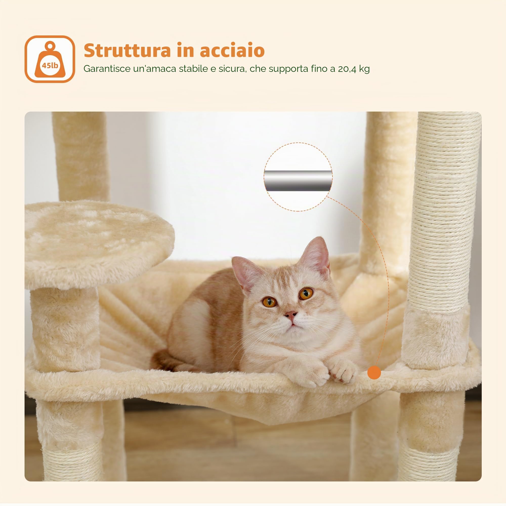 PAWZ Road Albero per gatti da 143 cm, con struttura in metallo, grande amaca per gatti da 143 cm, torre per gatti grandi con tiragraffi e posatoio superiore, centro attività multilivello da 1,4 m, con
