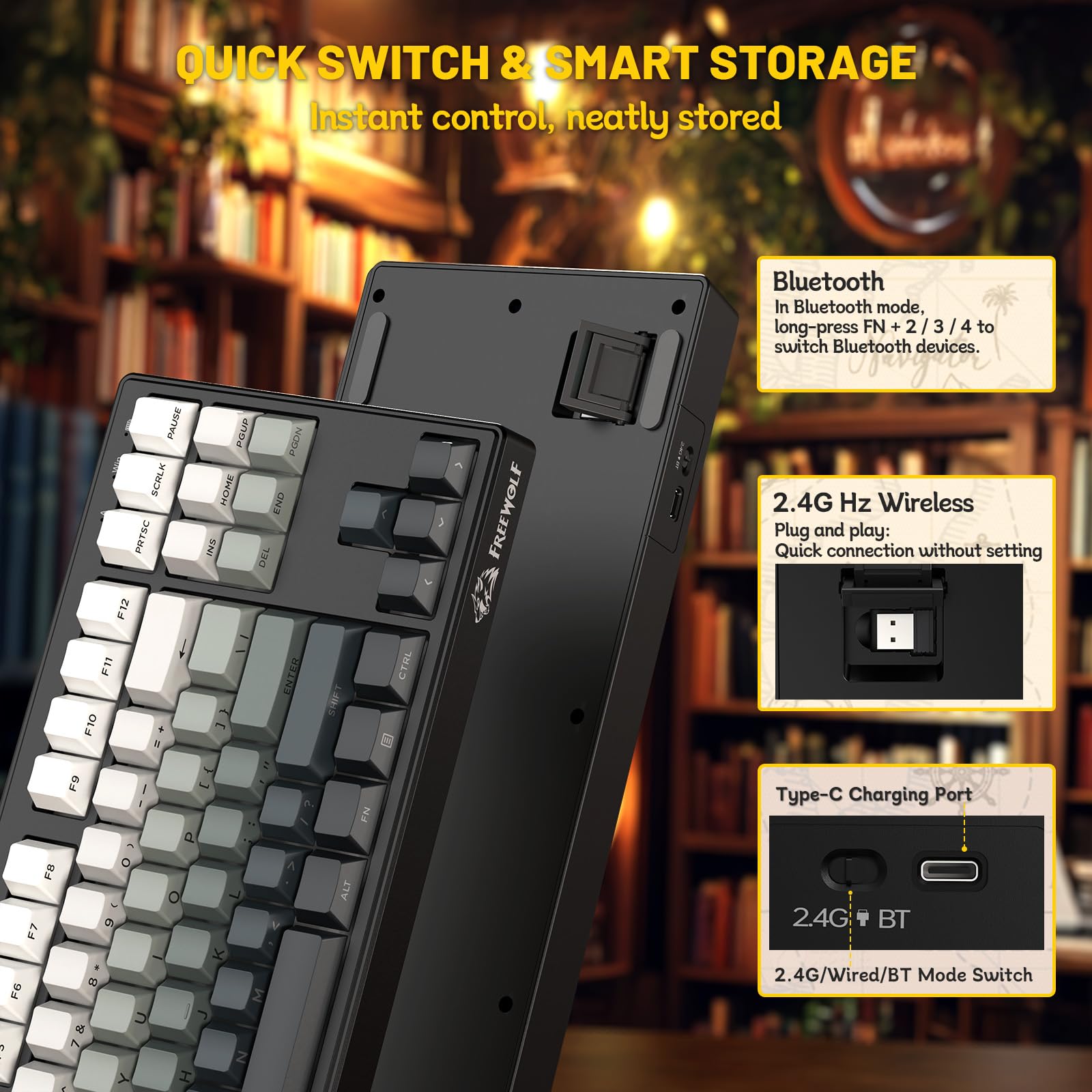 FREEWOLF M87V2 Wireless Gaming Keyboard, Tri-Mode BT/2.4G/cablata, silenziosa e delicata, 4000 mAh, tasti con stampa laterale, QWERTY US, anti-ghosting, 16 m RGB, per Mac/Win