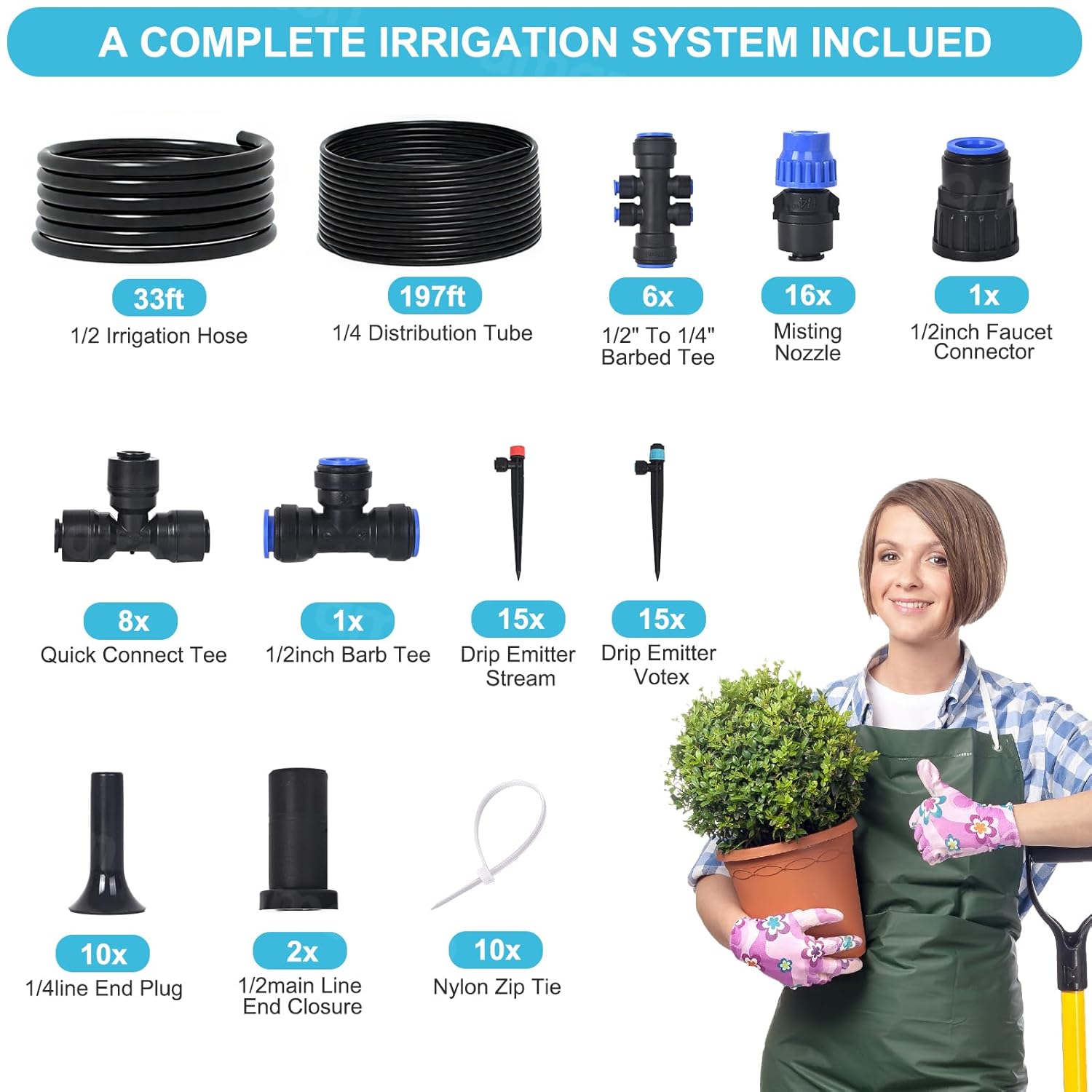 230ft Drip Irrigation System with Quick-Connect,33ft 1/2" Mainline & 197ft 1/4" Tubing Drip Irrigation Kit and 3 Nozzle Types Irrigation System for Garden,Flower Bed, Raised Bed, Greenhouse