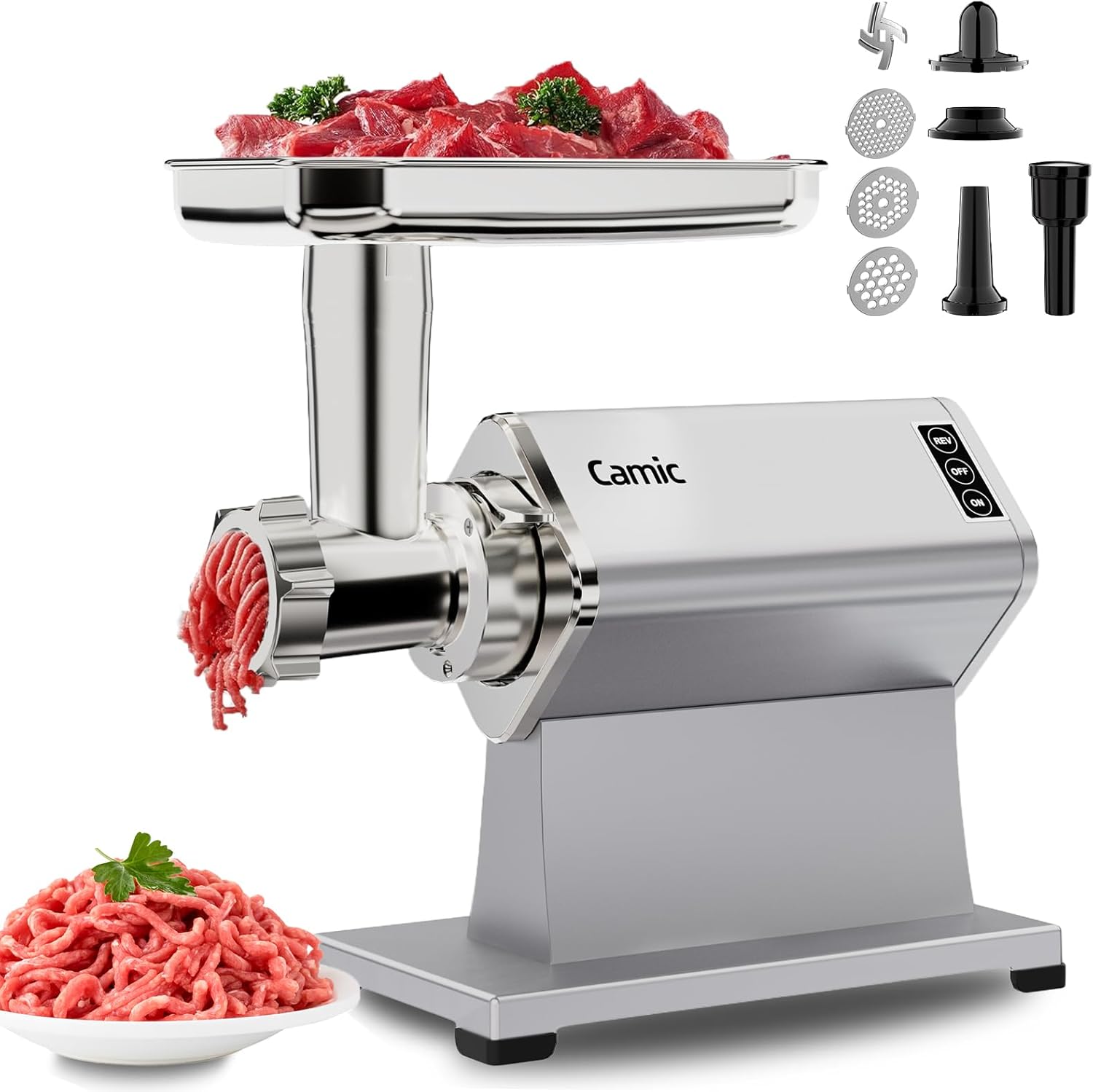 Camic Electric Meat Grinder - 300W Sausage Stuffer for Home Kitchen Use Meat Mincer with Stainless Steel 3 Plates, 1 Blade, Sausage Tube, Kubbe Maker