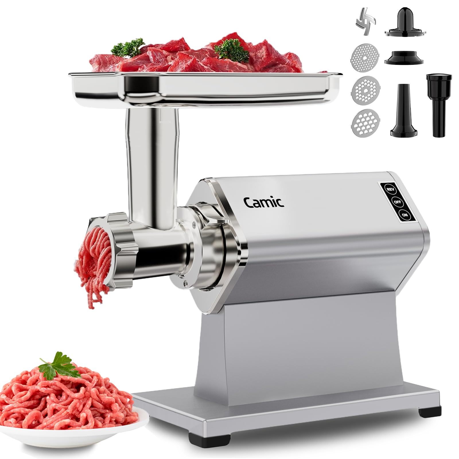 Photo 1 of Camic Electric Meat Grinder - 300W Sausage Stuffer for Home Kitchen Use Meat Mincer with Stainless Steel 3 Plates, 1 Blade, Sausage Tube, Kubbe Maker