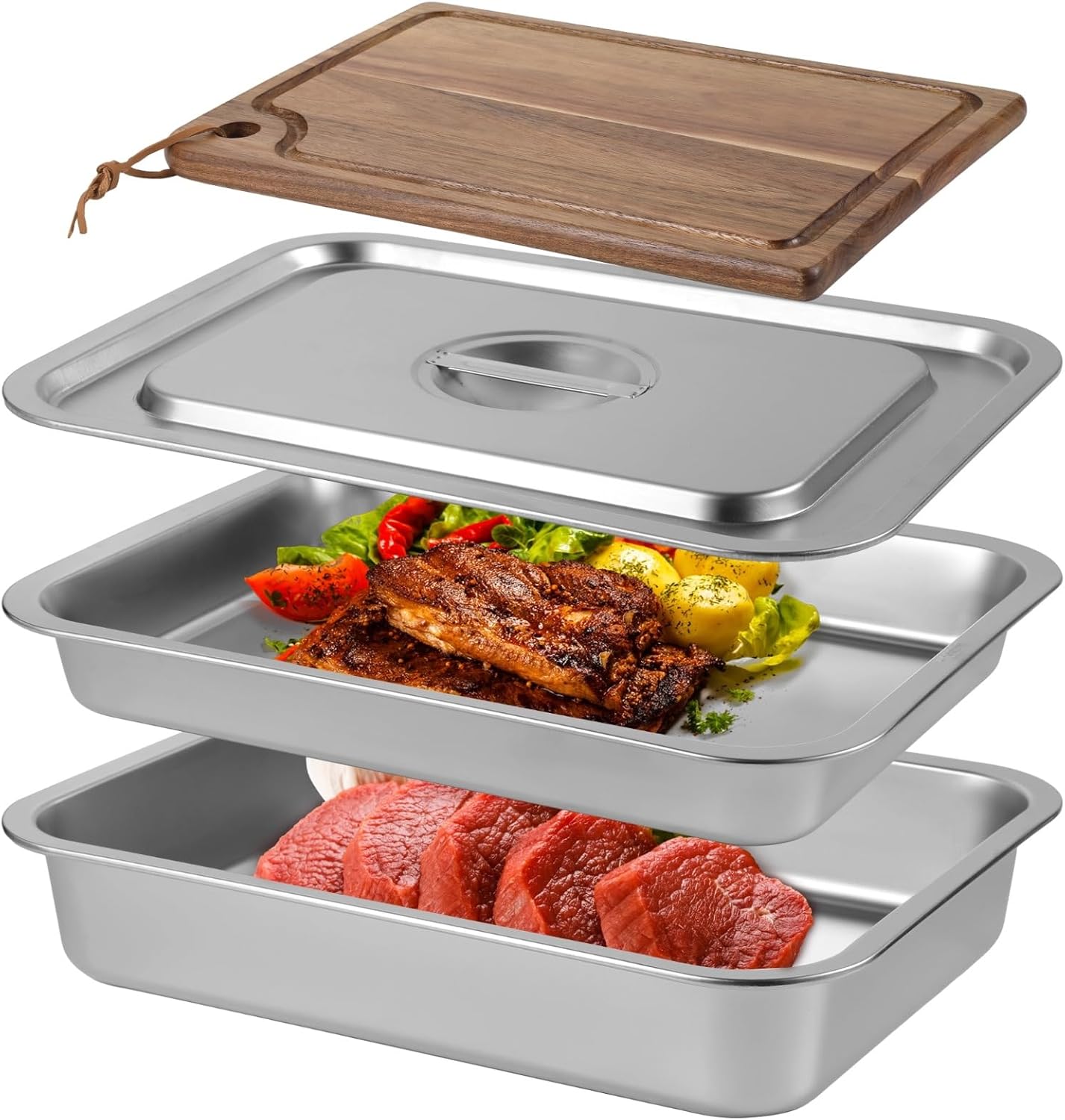 OMISTAR 3 Pcs Grilling Prep and Serve Tray Set, Includes a Stainless Steel Marinade Container with Lid, a Rectangular Food Prep Tray, and a Acacia Cutting Board, Perfect BBQ Grill Accessories