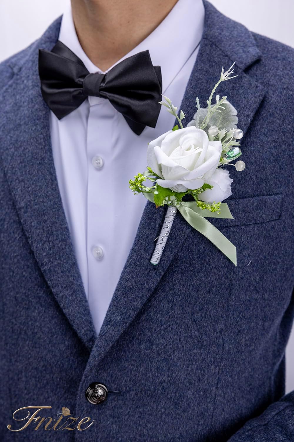 Fnize White Wrist Corsage and Boutonniere Set for Bride Groom Bridesmaids Groomsmen Wedding Homecoming Flowers Prom Suit Accessories, Rose Boutonniere and Corsage Wristlet Flower - Image 4