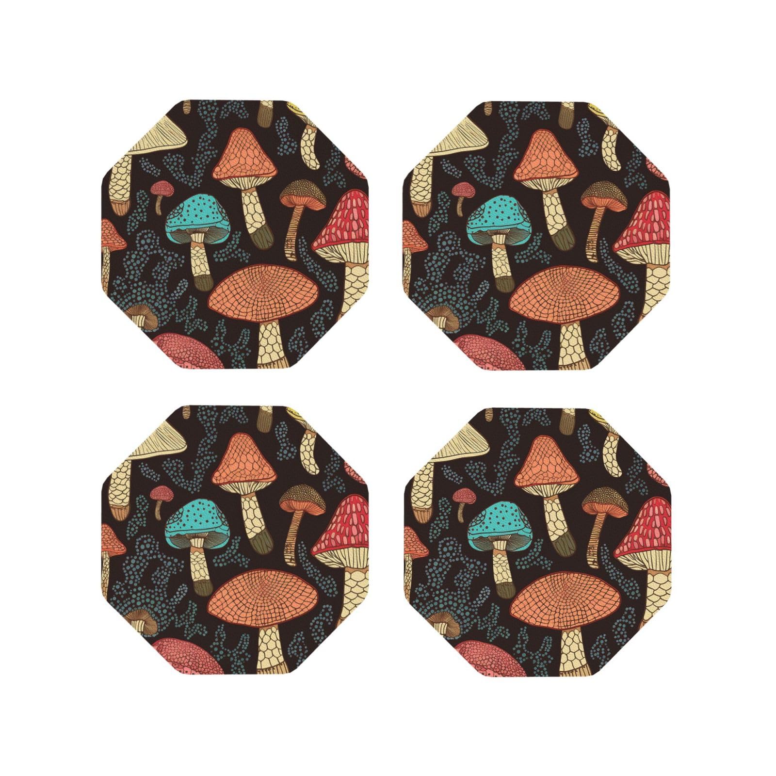 4Pcs PU Leather Coaster for Drinks, Mushroom Cup Coastersr 4" Cup Mat Pad, Aesthetic Drink Coasters for Coffee Table, Octagon Coaster for Tabletop Protection