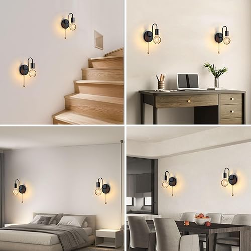 Miniatura 6 de Juego de Dos Lámparas de Pared Vintage con Cadena de Tirar, con Interruptor, Lámpara de Pared Negra E26 Industrial, Iluminación Retro de Pared
