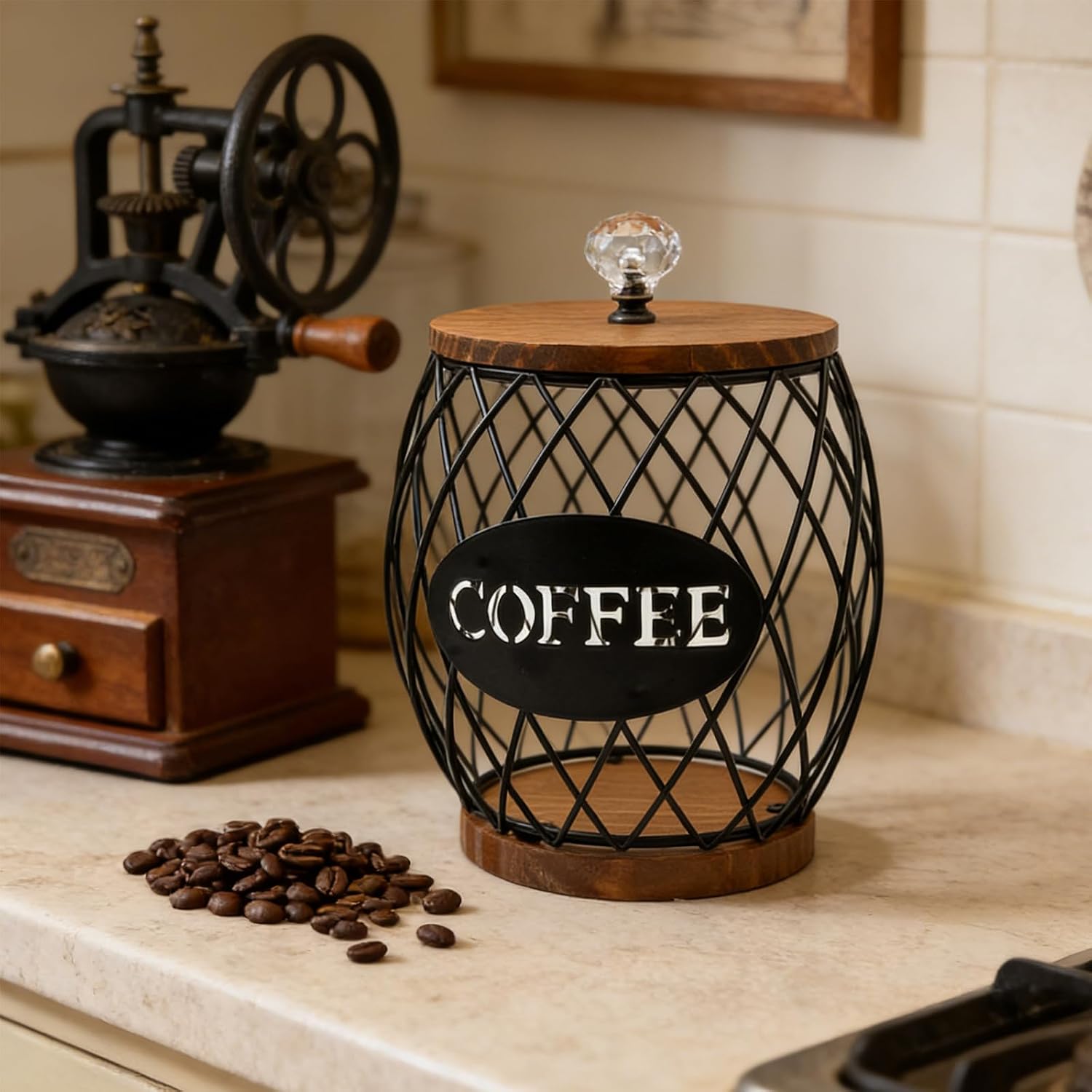 Coffee Holder Organizer, Pineapple Shape Storage Basket with Crystal Lid, Iron Wood Coffee Basket Organizer for Home Kitchen Living Room
