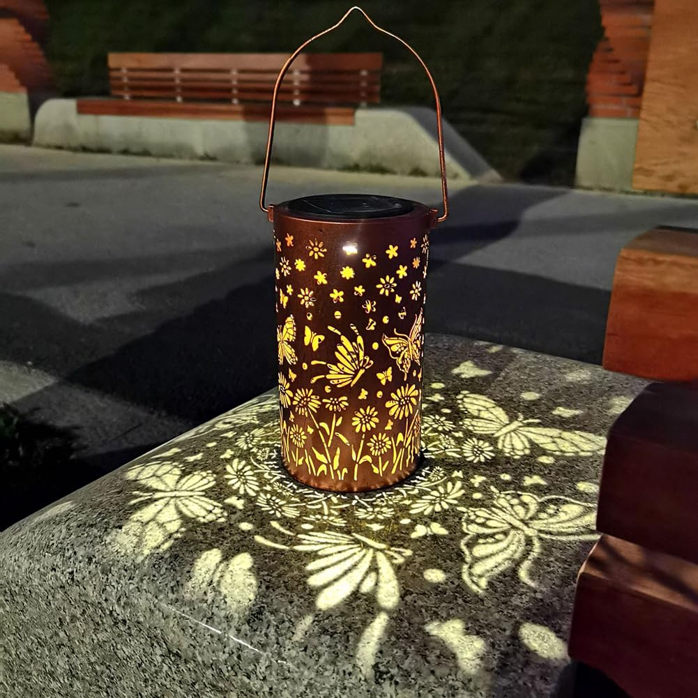 Butterfly Solar Outdoor Lanterns Hanging Solar Lights with a Shepherd's Hook IP65 Waterproof LED Decorative Garden Light Hollowed-Out Metal Solar Lantern for Garden, Patio, Yard, Table, Pathway