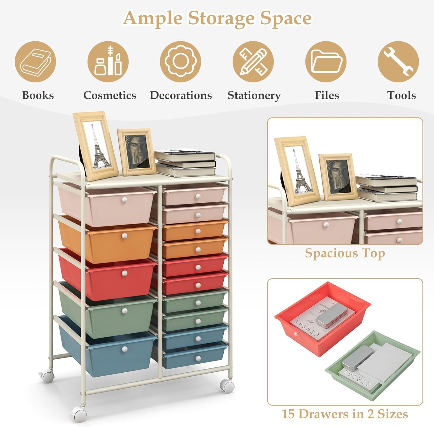 Giantex 15-Drawers Rolling Storage Cart, Mobile Book Paper Organizer Utility Trolley with Wheels, Ideal for School, Office, Home