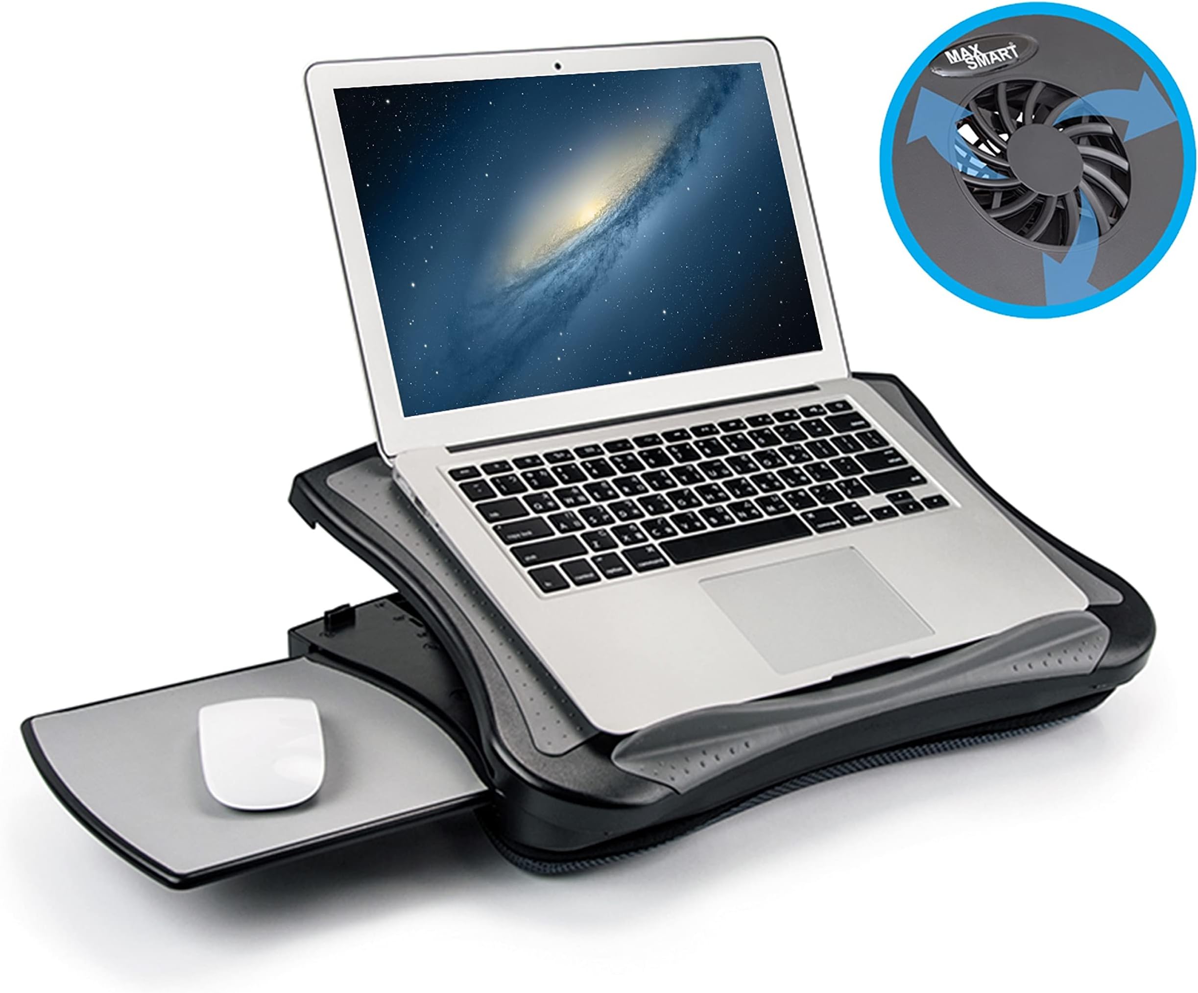 MAX SMART Laptop Lap Pad Laptop Stand with Attached Mouse Pad, Cushion and USB Cooling Fan, Non-Slip Heat Shield Tablet Computer Stand for Sturdy Work Station for Home, Office, Bed Sofa, Couch and Car