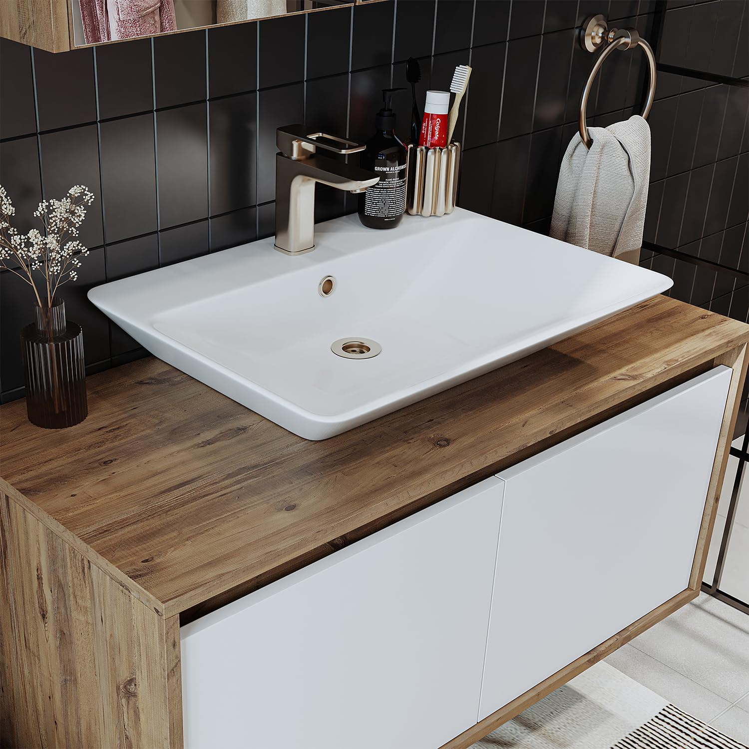 Roomart, Atlantic, armadietto da 100 cm con lavabo in ceramica, set di mobili da bagno, 4 pezzi, armadietto a specchio, armadio alto (rovere bianco)
