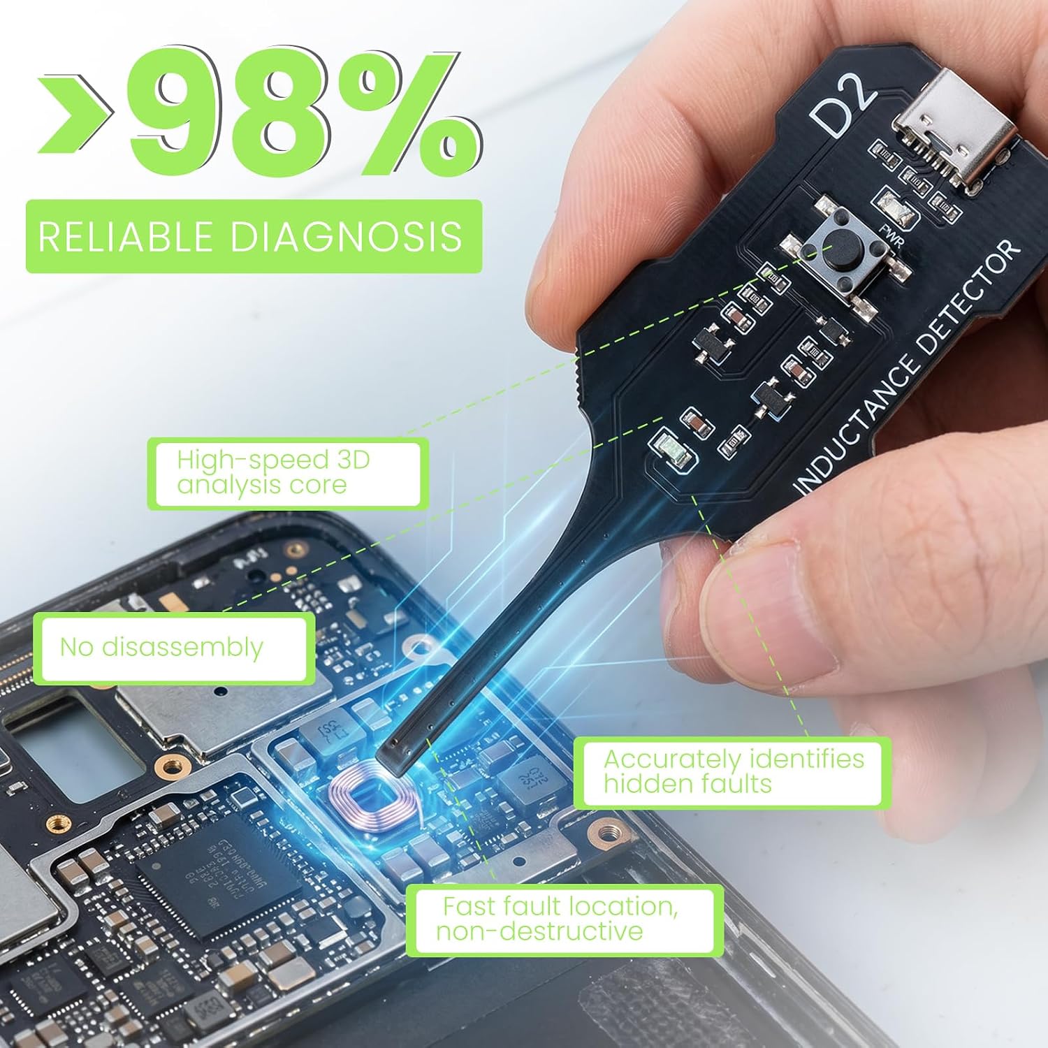 in-Circuit Inductance Tester, Type-C Powered Motherboard Coil Fault Detector, High Sensitivity Electromagnetic PCB Repair Tool for Mobile Phone & PC Quick Fault Detection(2 Pcs)