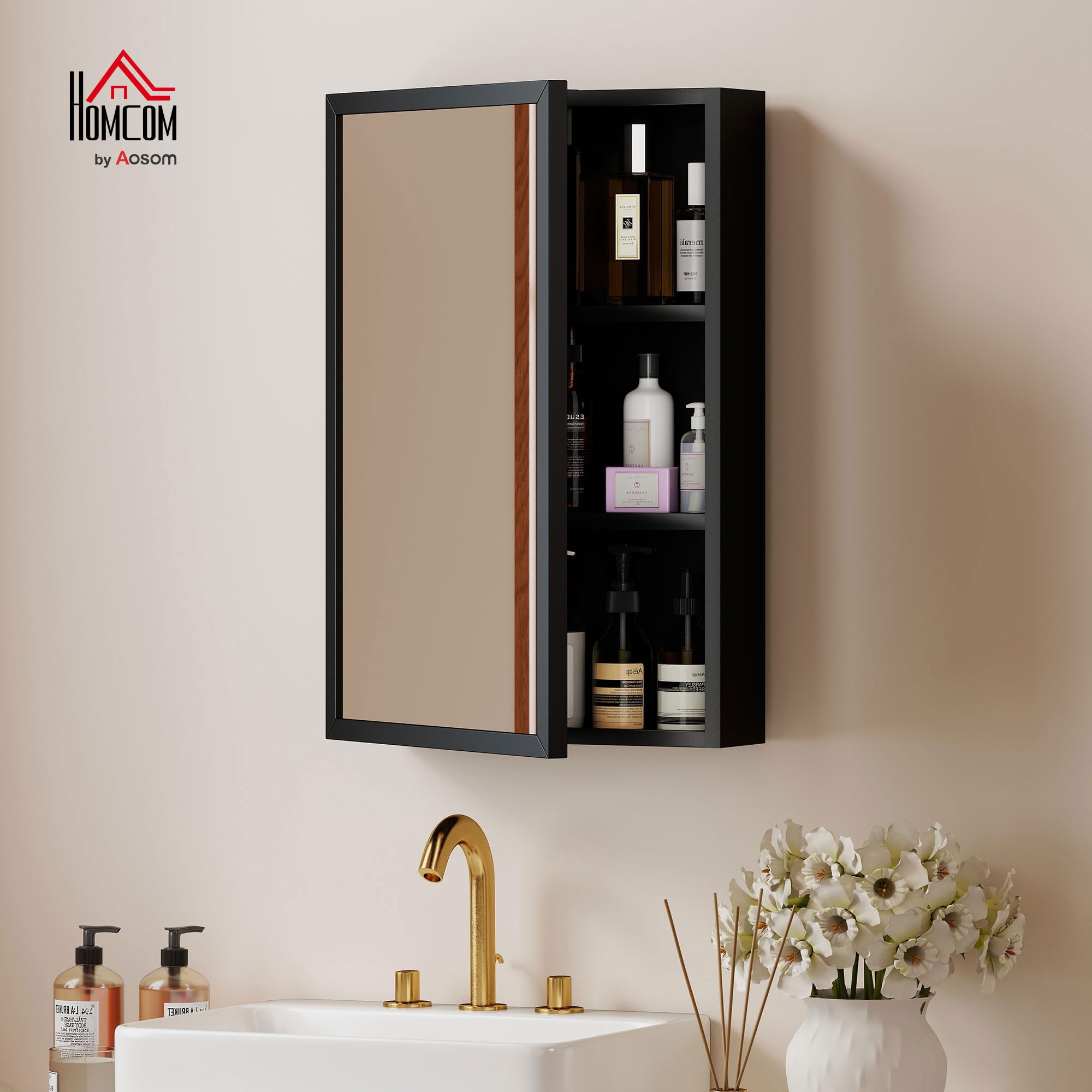 kleankin Specchiera Bagno in Acciaio con Armadietto a 3 Ripiani, Pensile Bagno con Chiusura Ammortizzata, 40x12x60cm, Nero