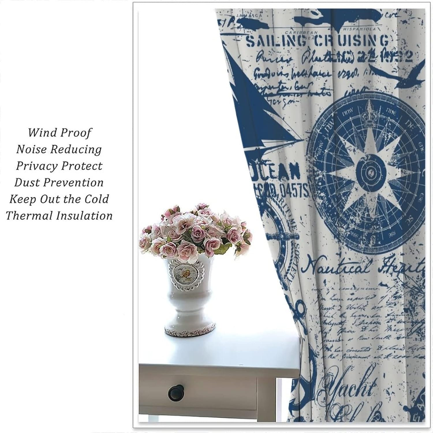 Vintage Sailboat Curtains, Caribbean Sailboat Cruise Nautical Elements Nautical Theme Style, Bedroom Living Room Rod Pocket Curtains, 2 Sets of Panels, 42x63 in. Blue and White