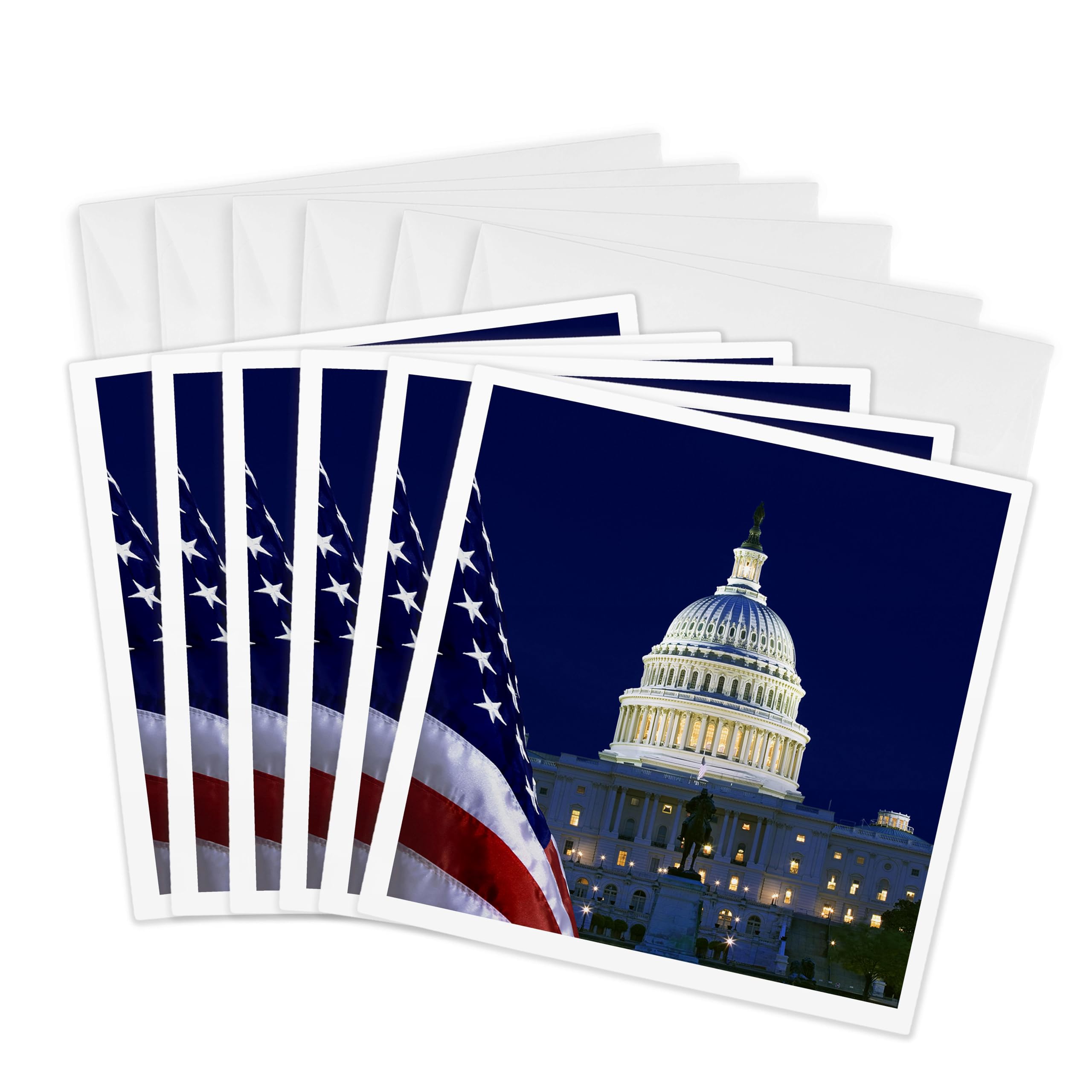 3dRose Greeting Cards - USA, Washington DC. Capitol Building and US flag at night. - 6 Pack - Washington DC