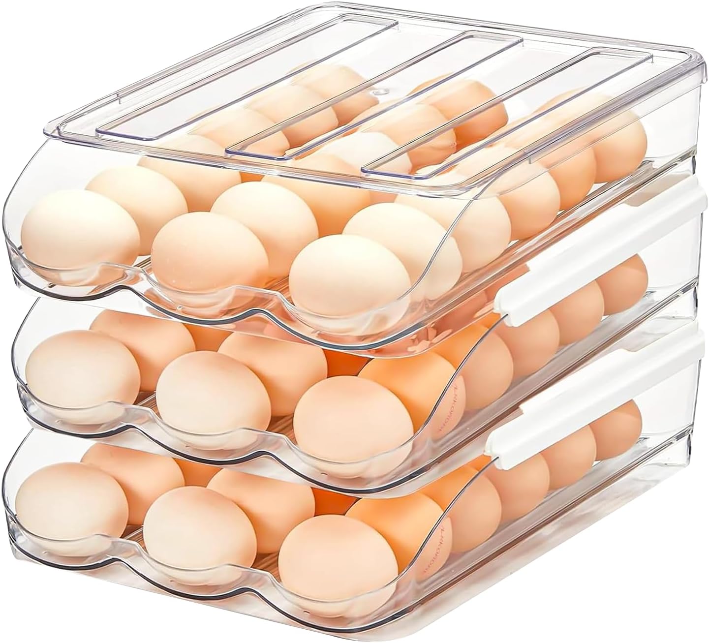 Large Capacity Egg Holder for Refrigerator,Auto Rolling Egg Container with Lid,Tray Organizer Bin, Egg Fresh Storage Box for Fridge,Clear Plastic Storage Container (3 Layer)