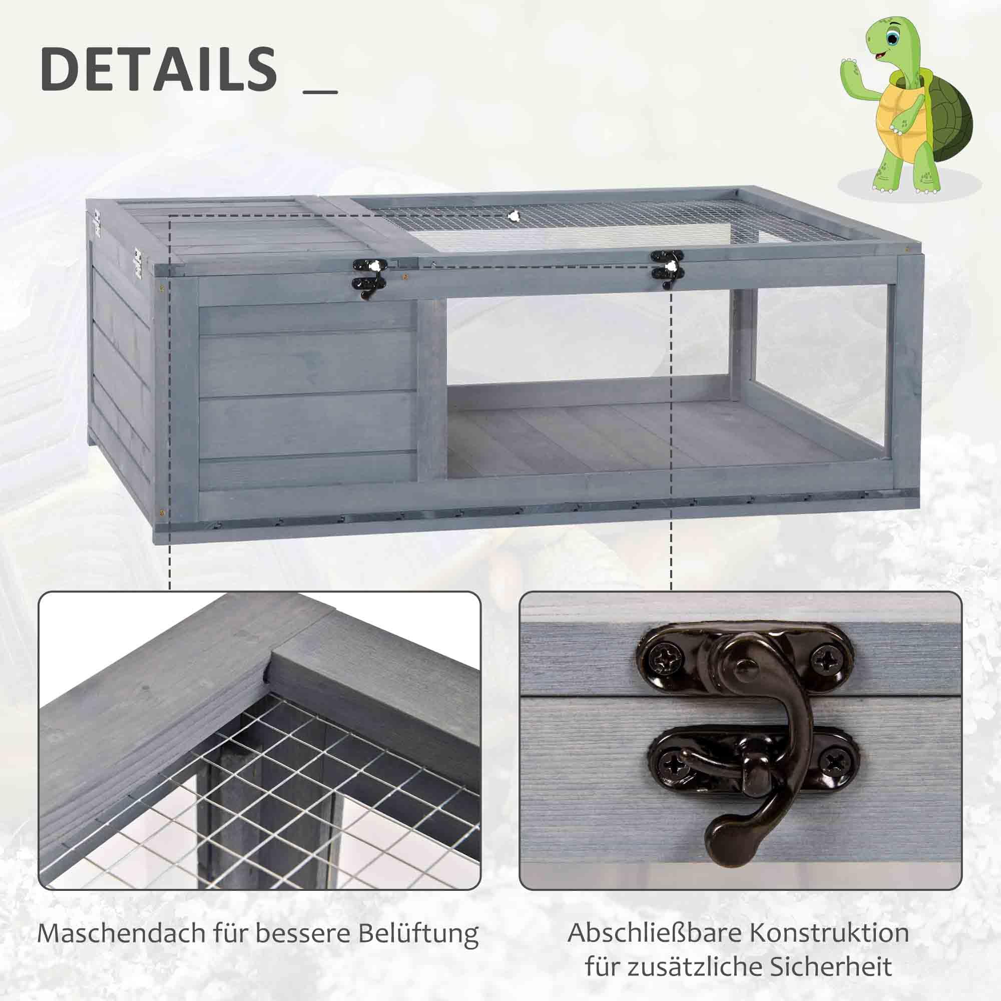 PawHut casa in legno per tartarughe recinto per tartarughe con piano incernierato, gabbia per rettili da esterno terrario per tartarughe rettili per interni esterni 91x60,5x32 cm, grigio