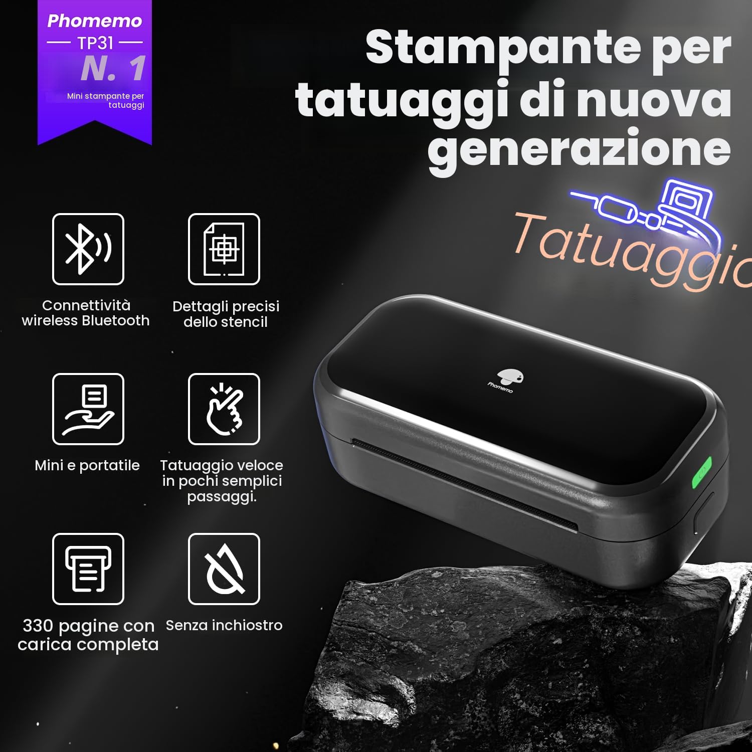 Phomemo TP31 Stampante Stencil Tattoo, Aggiornata Termica Stampante Per Tatuaggi, Bluetooth Stencil Tatuaggi Con 30 pz Carta Tattoo Printer, Compatibile Con Smartphone, Tablet