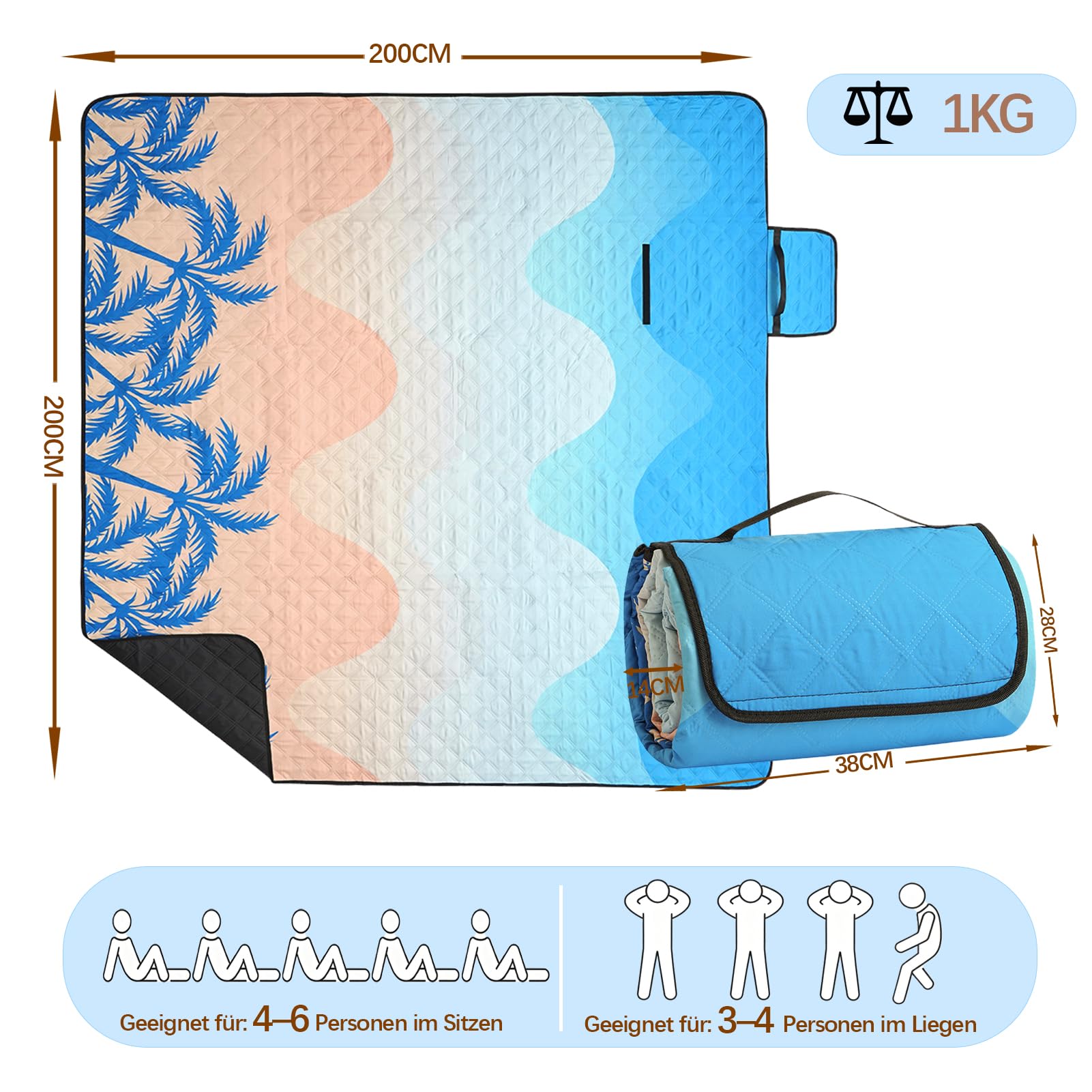 Manta de picnic 200 x 200 cm – Manta de playa XXL, impermeable y aislada, manta de camping, transpirable y suave, esterilla de picnic y playa para camping, playa y picnic