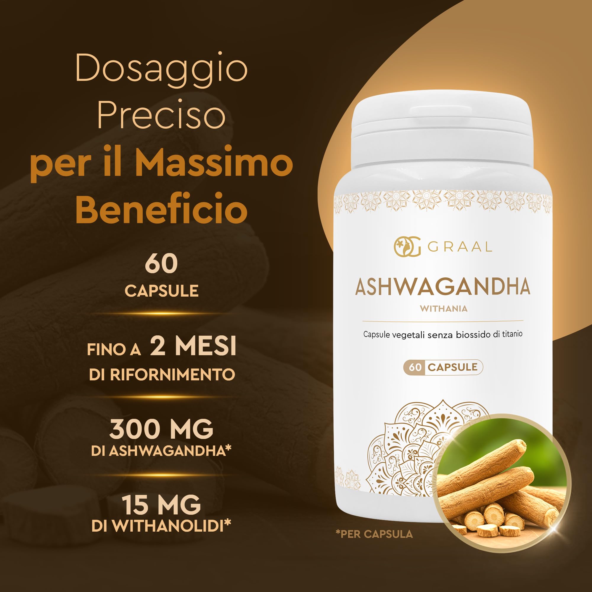 Graal Ashwagandha KSM-66 60 Capsule - Tonico Adattogeno Antistress, Migliora Sonno, Energia e Benessere Mentale, L’ashwagandha Ideale per Recupero Psico-Fisico